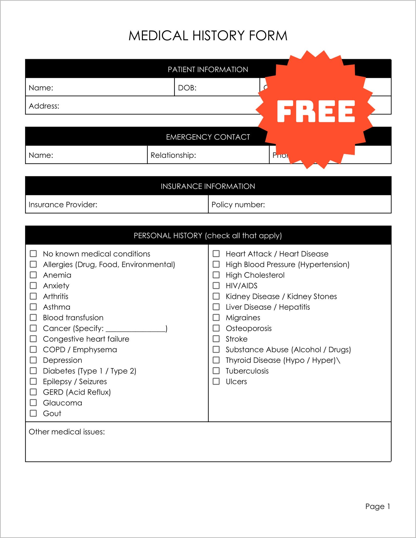 Health History Form Templates Health History Form Templates