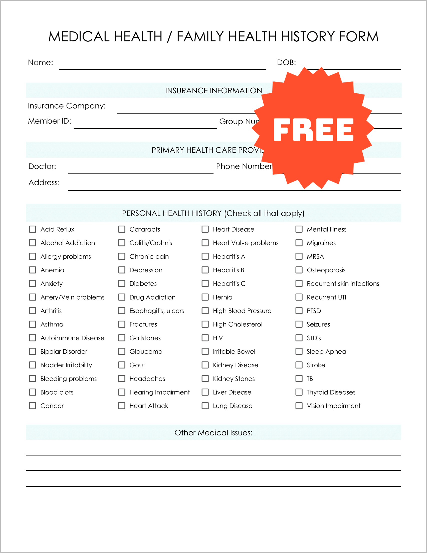 Health History Form Templates Health History Form Templates