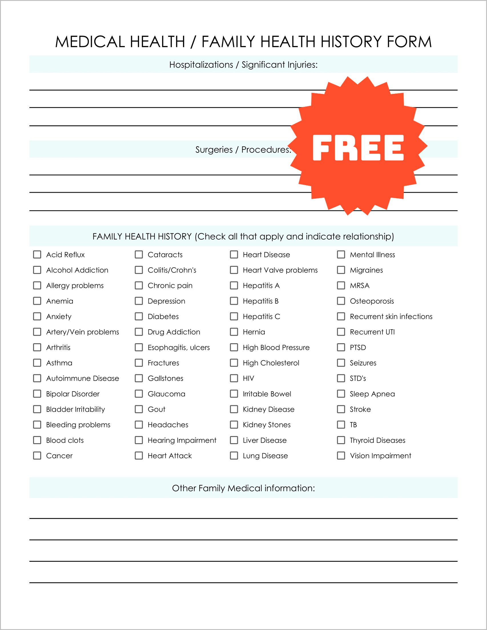 Health History Form Templates Health History Form Templates