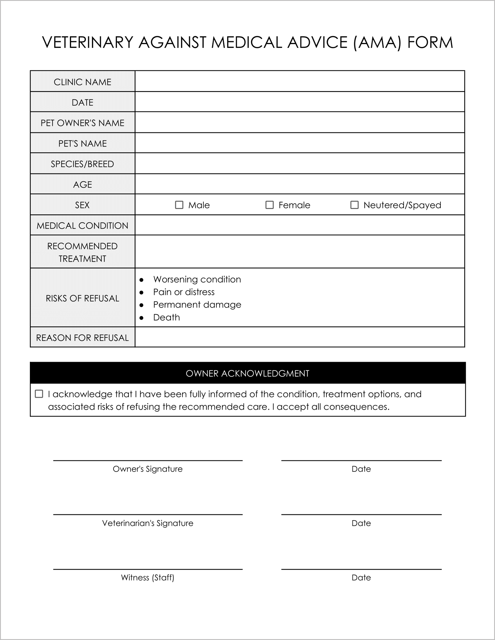 10 Must-Have Free Veterinary Against Medical Advice Forms