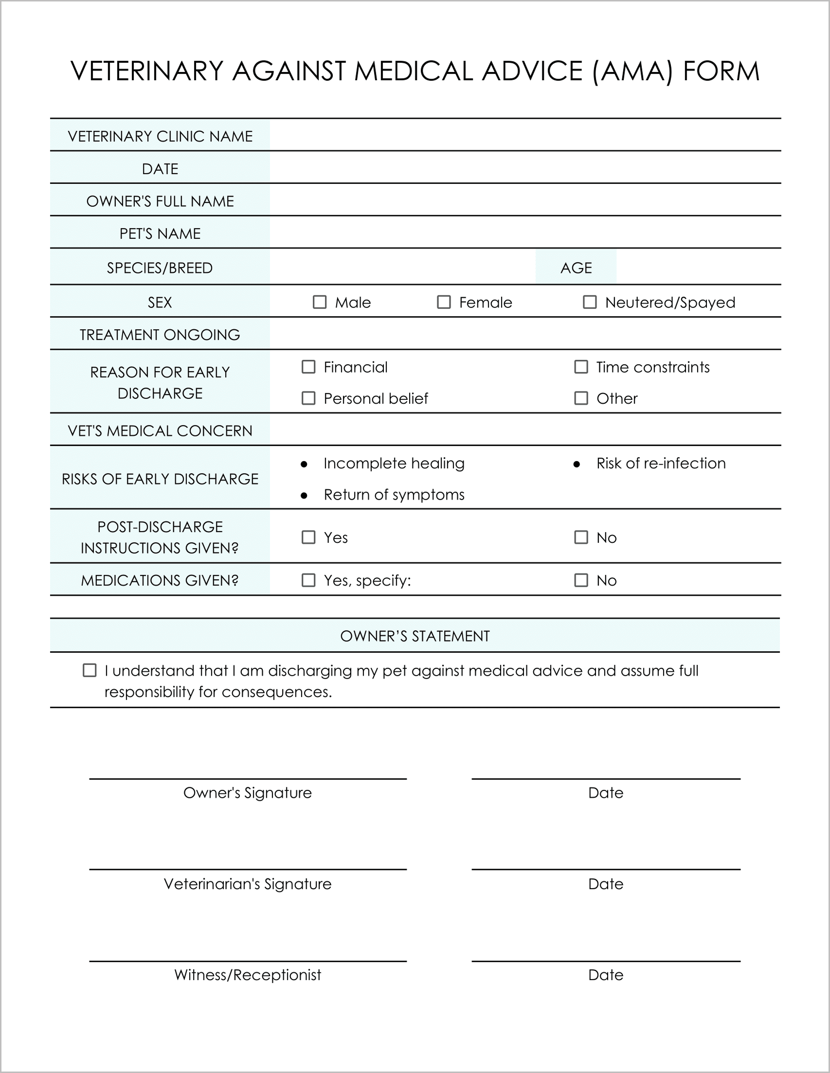 10 Must-Have Free Veterinary Against Medical Advice Forms