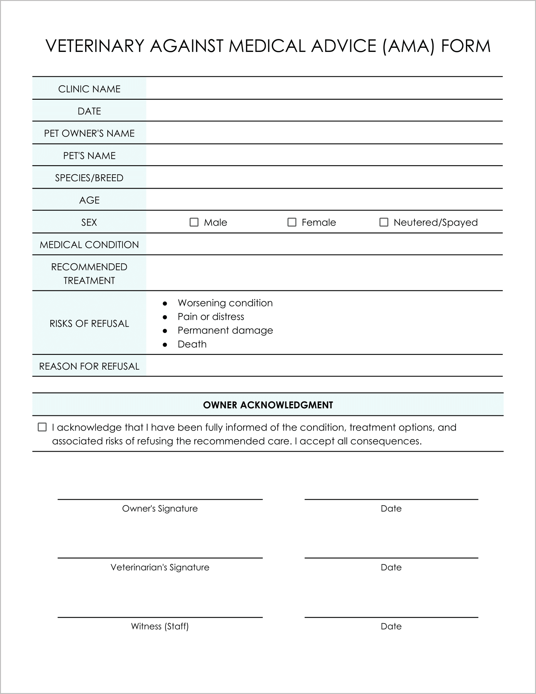 10 Must-Have Free Veterinary Against Medical Advice Forms