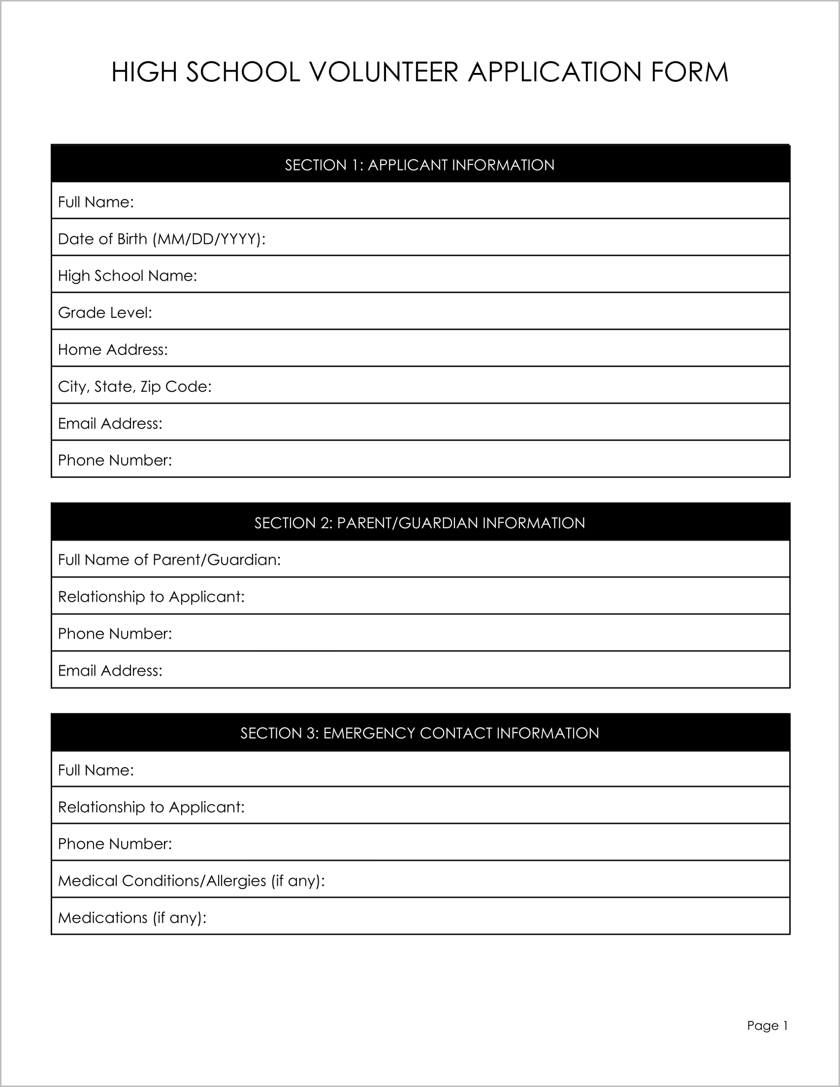 10 Must-Have Free High School Volunteer Form Templates