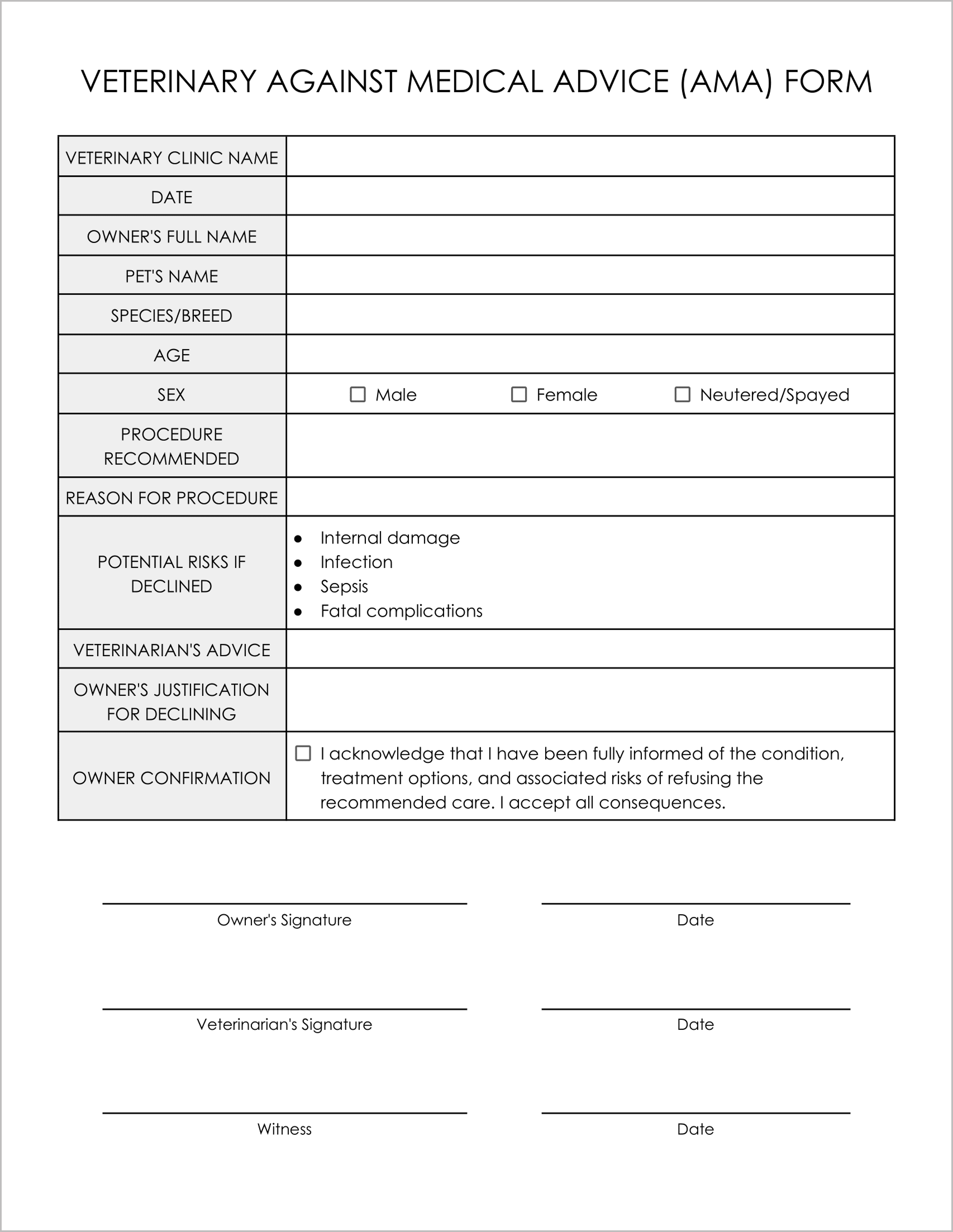 10 Must-Have Free Veterinary Against Medical Advice Forms