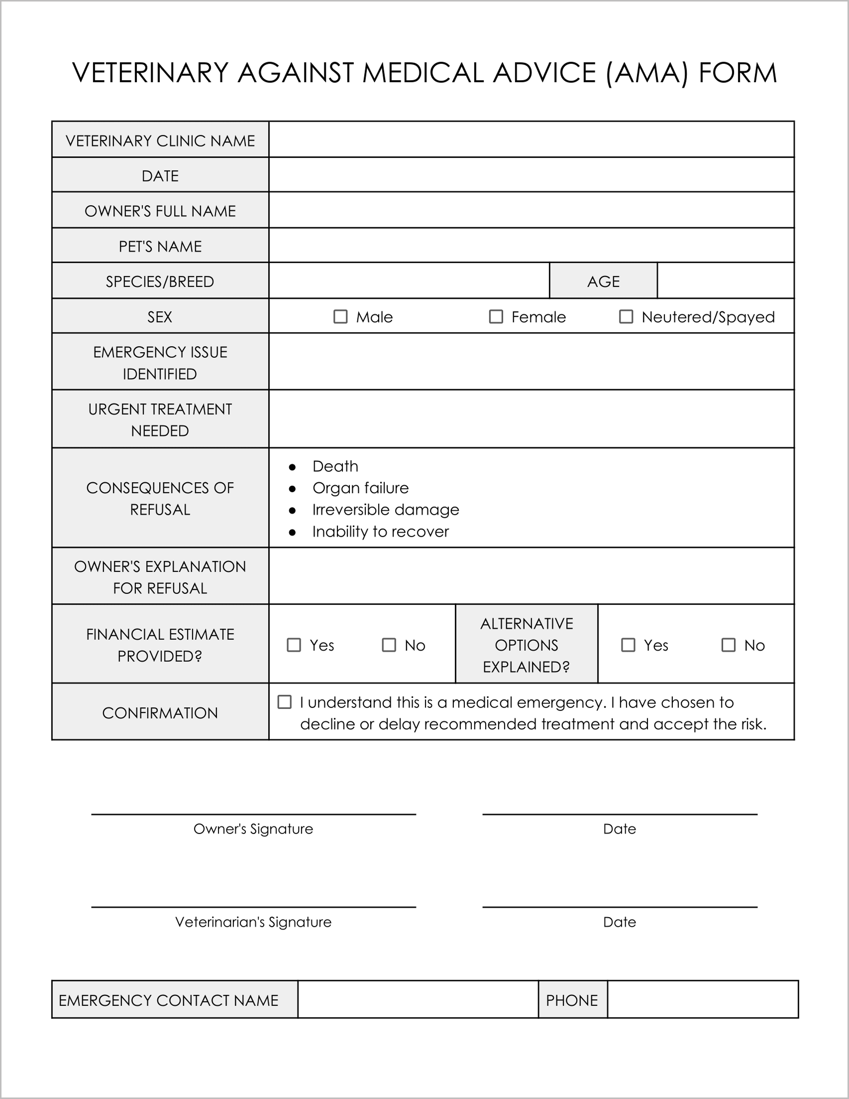 10 Must-Have Free Veterinary Against Medical Advice Forms