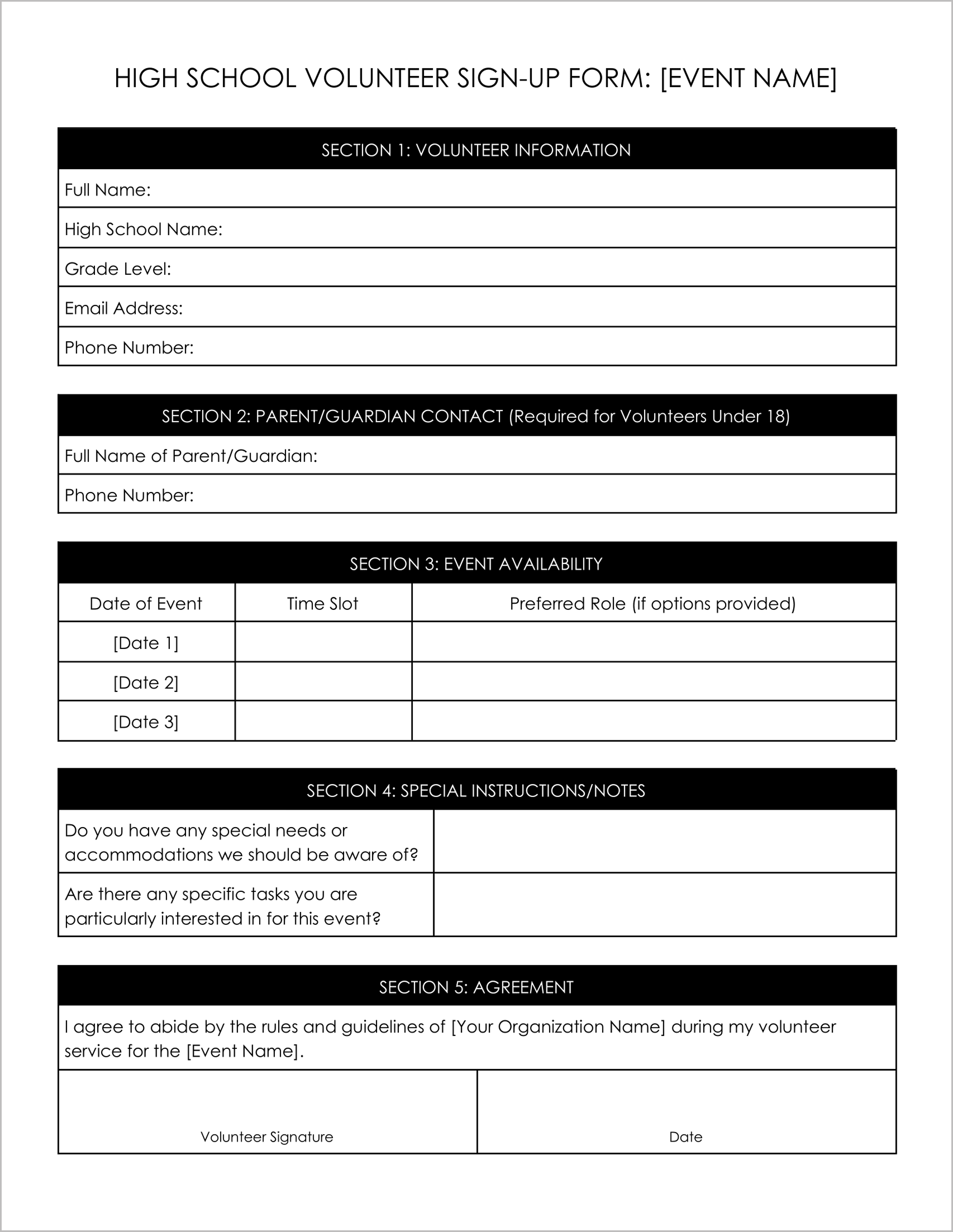 10 Must-Have Free High School Volunteer Form Templates