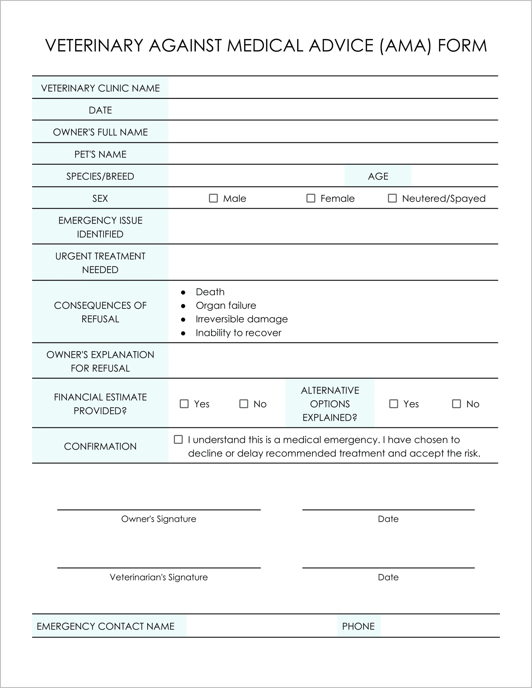 10 Must-Have Free Veterinary Against Medical Advice Forms
