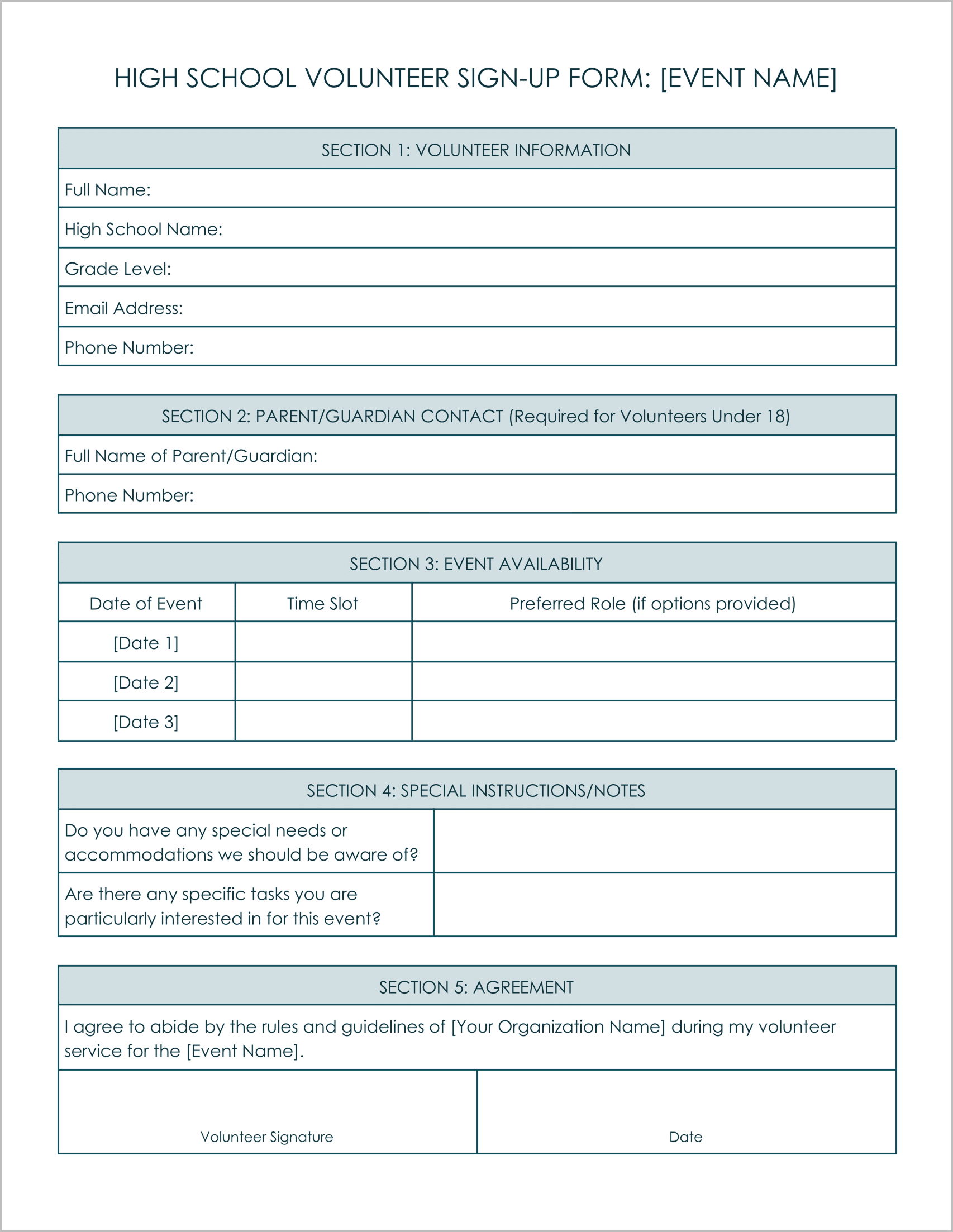 10 Must-Have Free High School Volunteer Form Templates