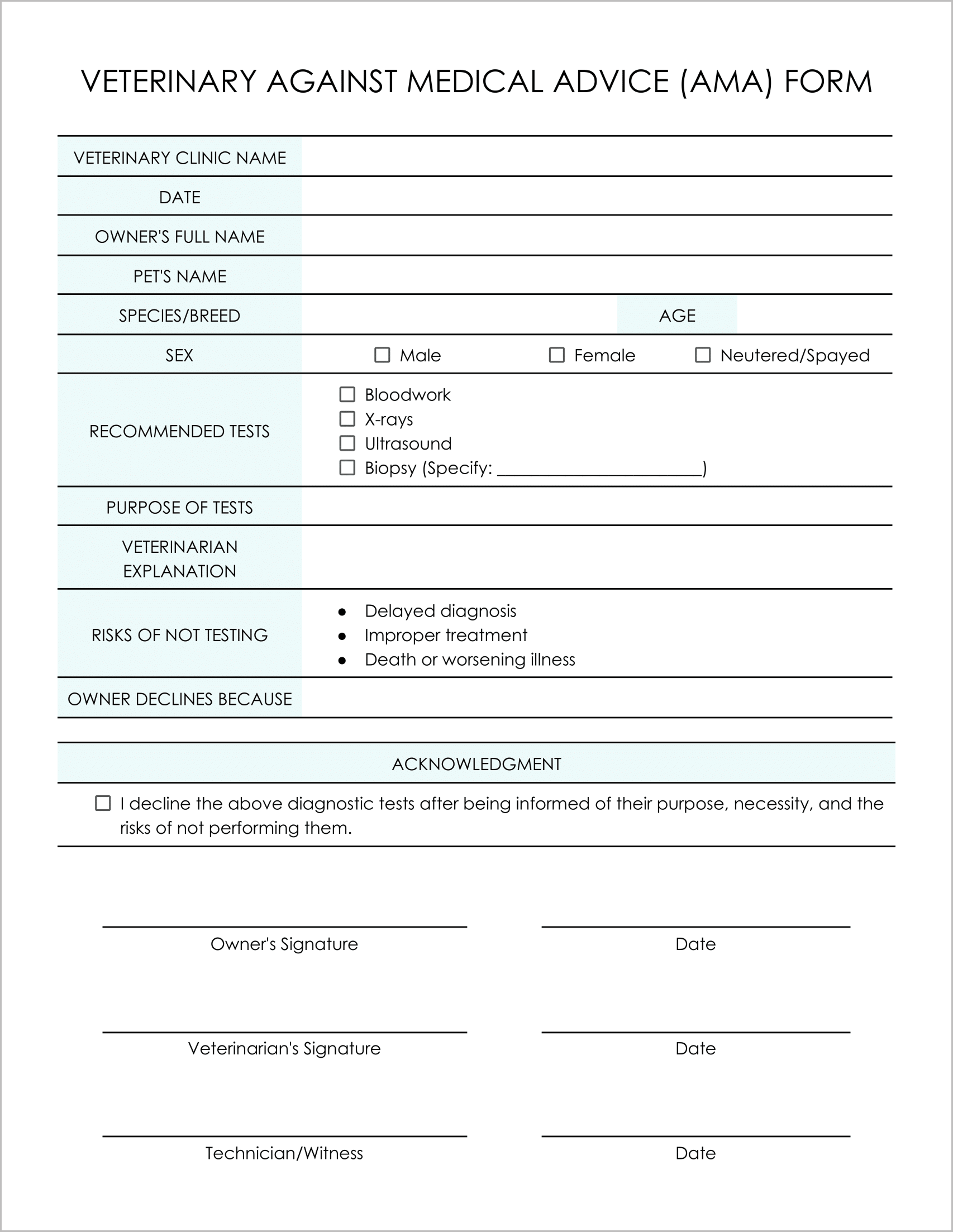 10 Must-Have Free Veterinary Against Medical Advice Forms