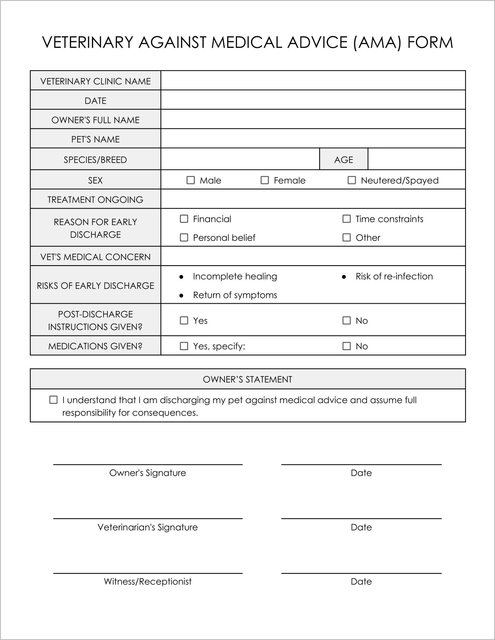 10 Must-Have Free Veterinary Against Medical Advice Forms