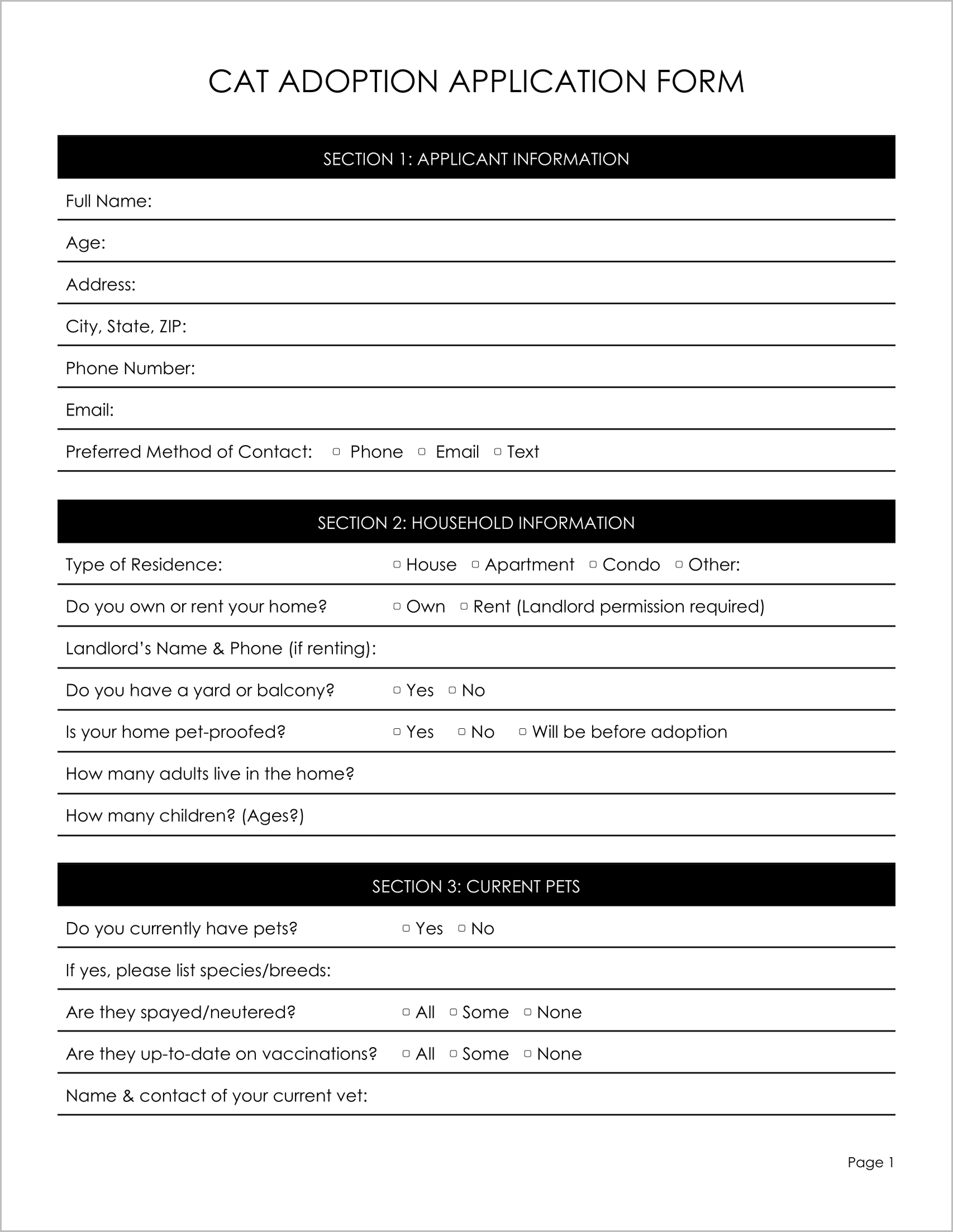 Free Cat Adoption Application Form Templates Free Cat Adoption Application Form Templates