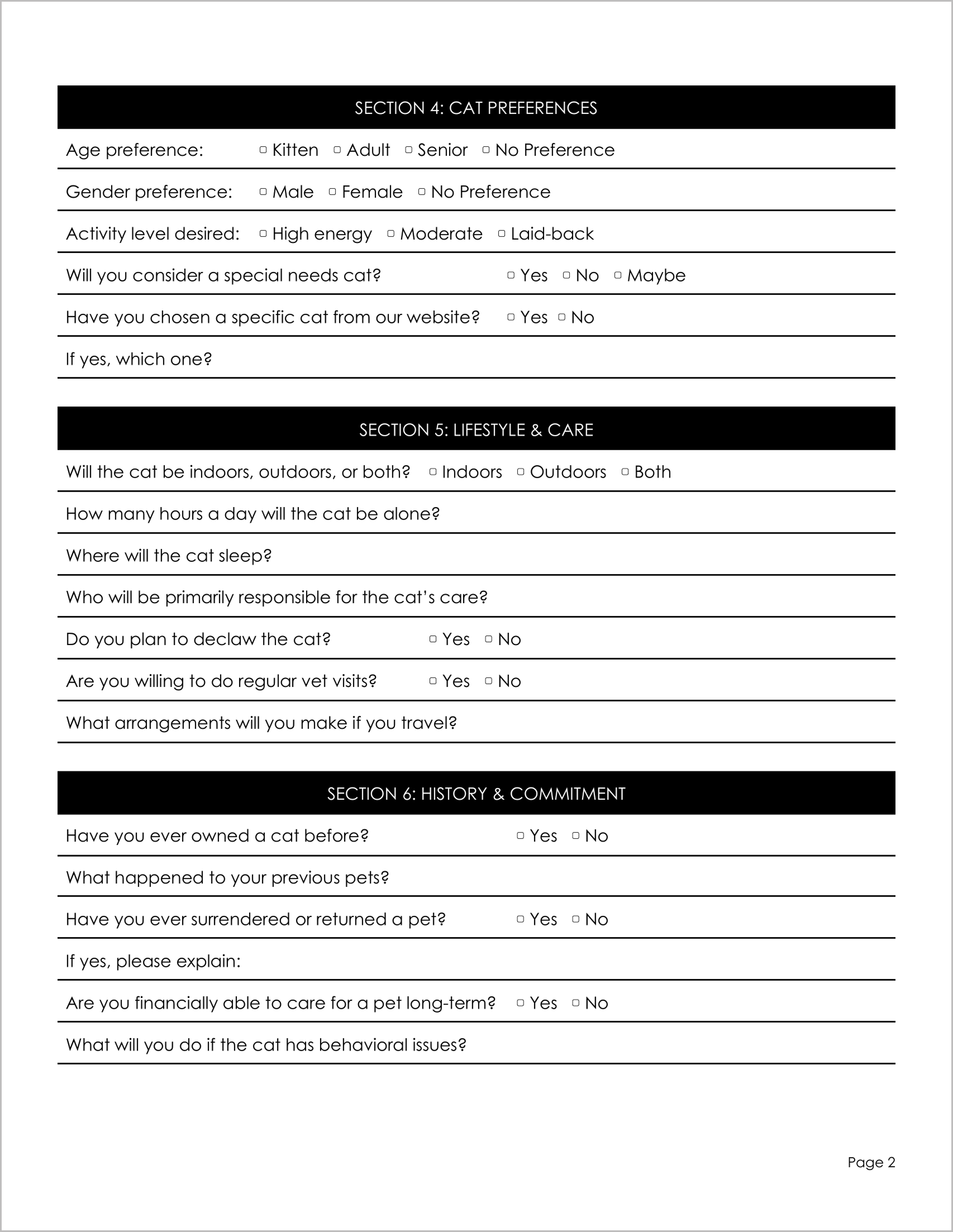 Free Cat Adoption Application Form Templates Free Cat Adoption Application Form Templates