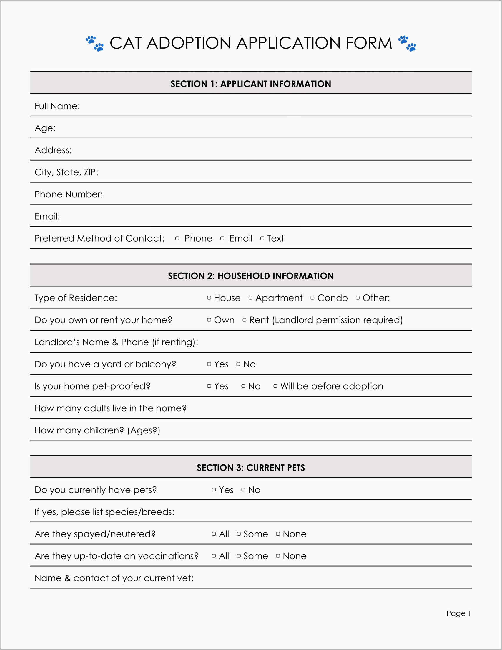 Free Cat Adoption Application Form Templates Free Cat Adoption Application Form Templates