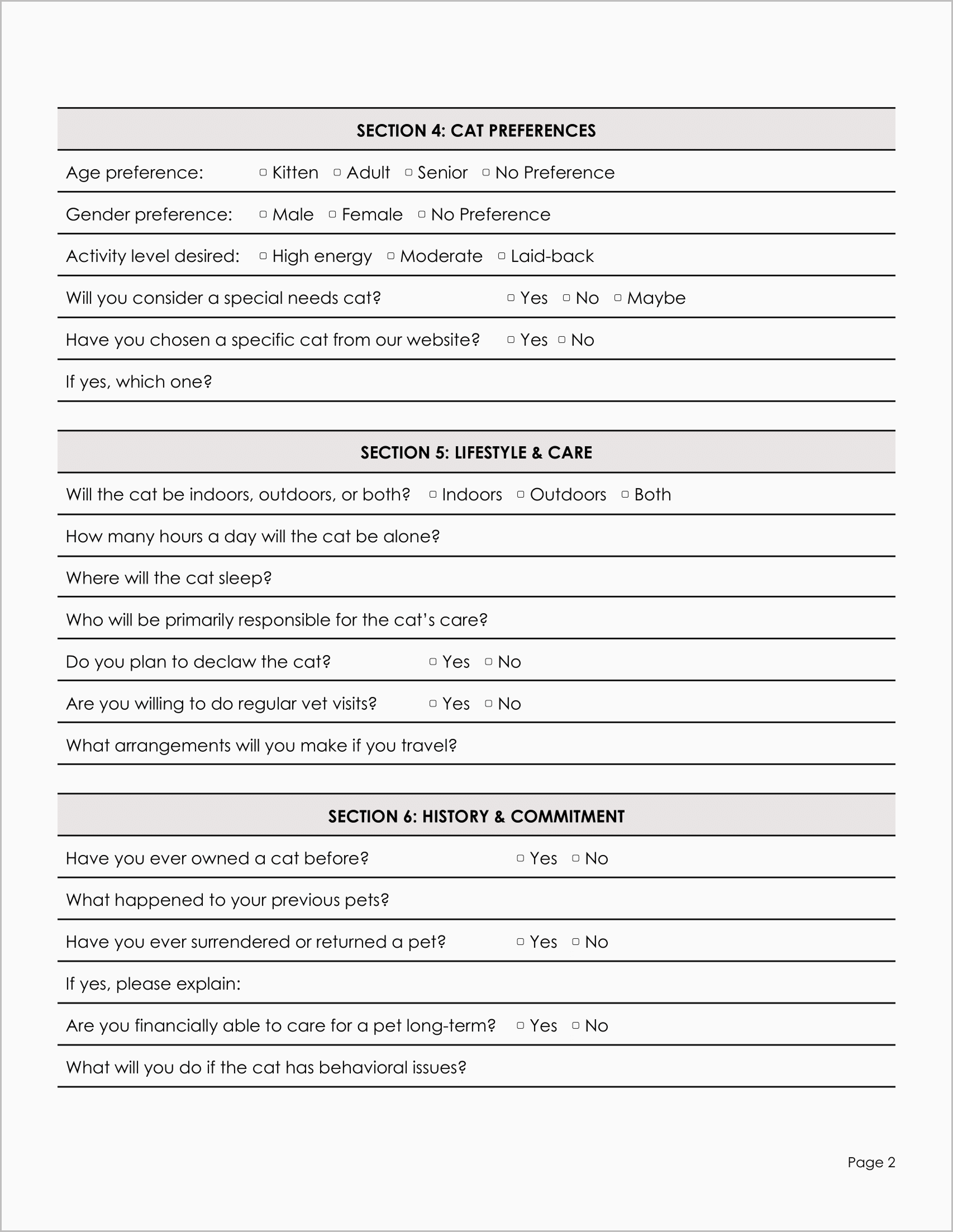 Free Cat Adoption Application Form Templates Free Cat Adoption Application Form Templates