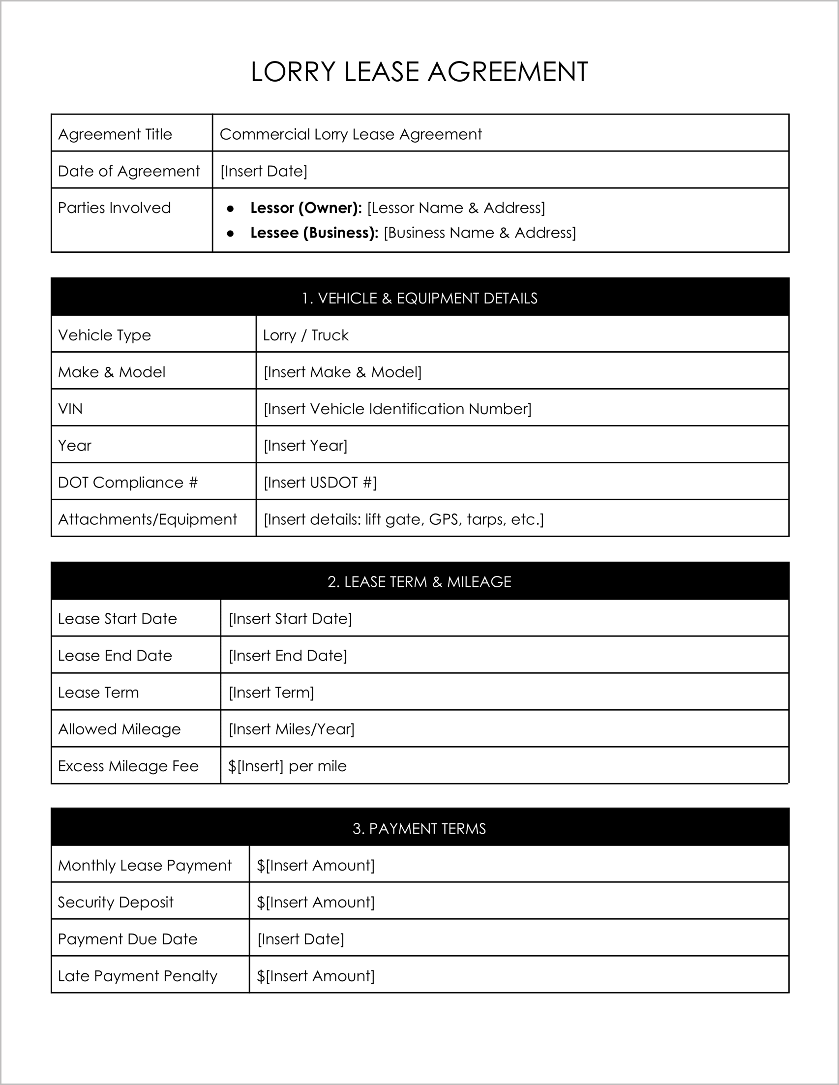 Free Lorry Rental Agreement Templates