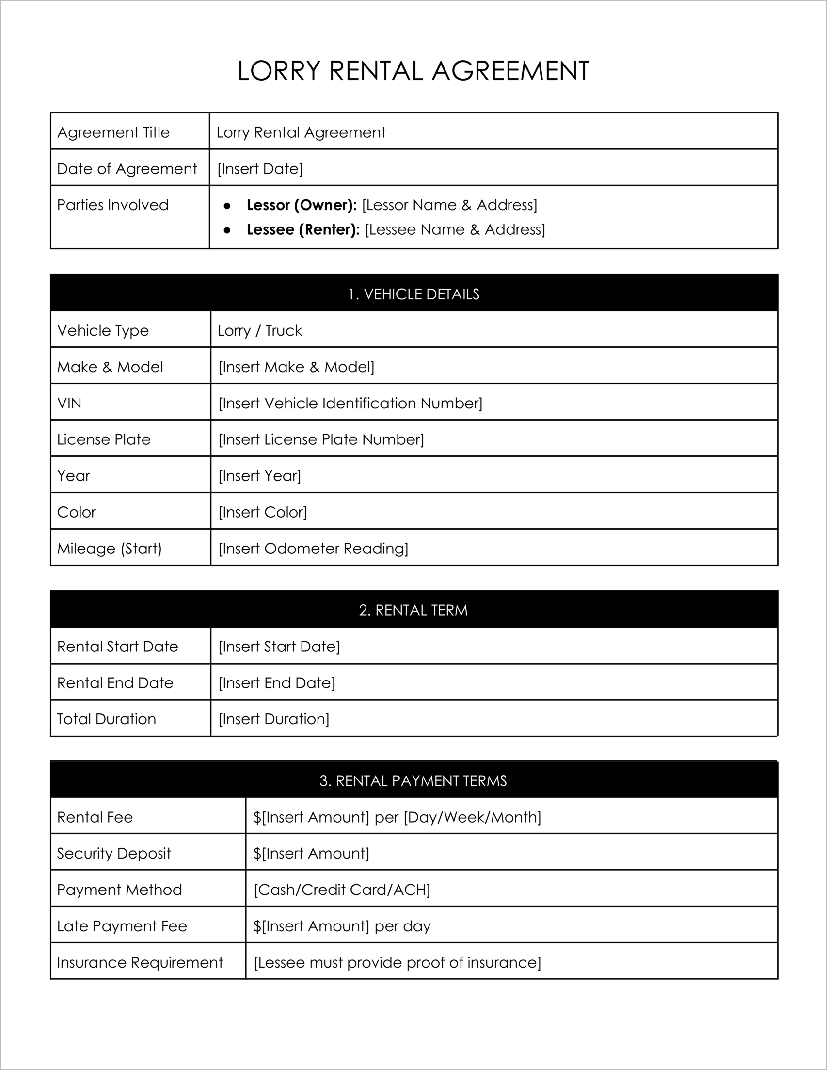 Free Lorry Rental Agreement Templates