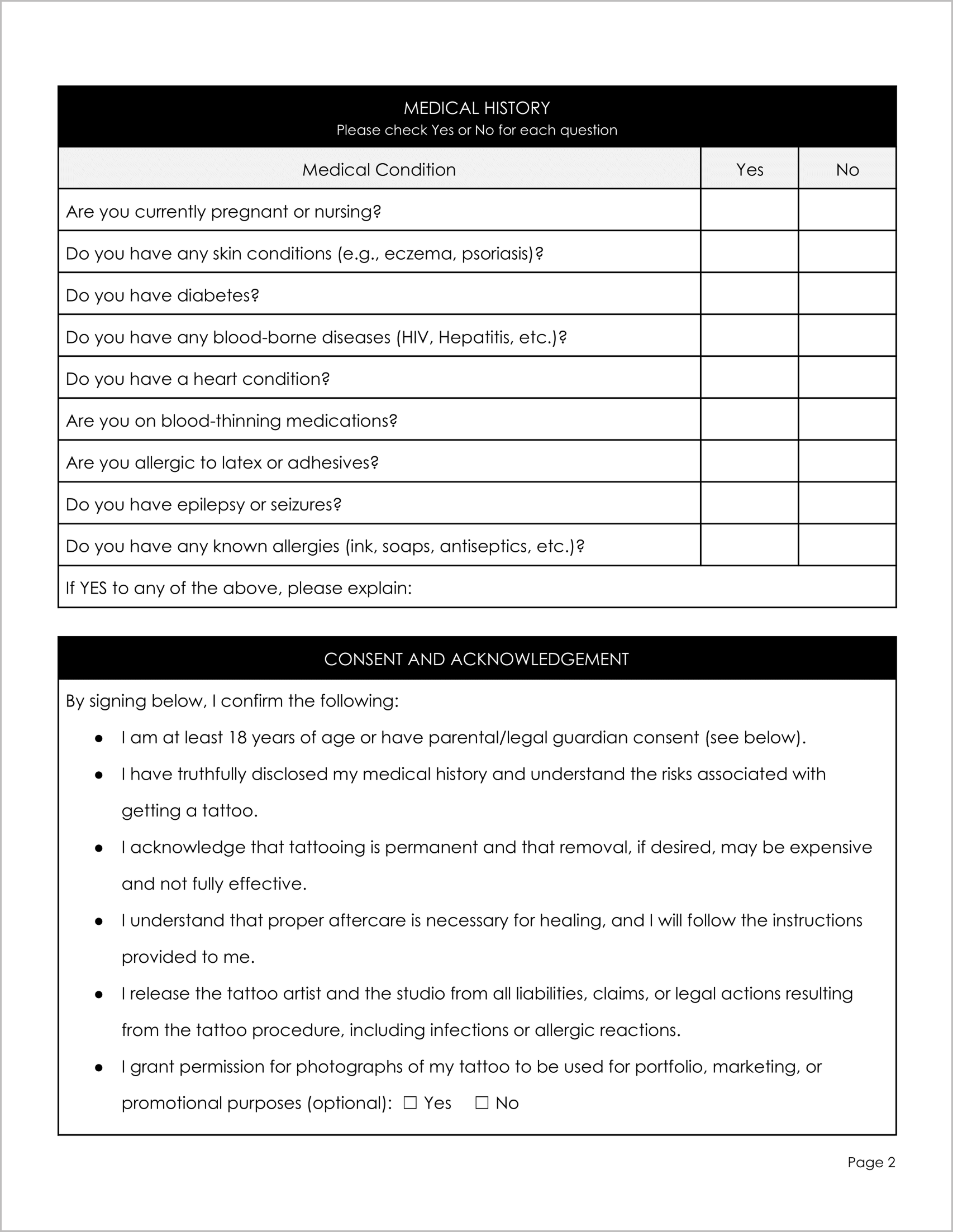 Free Tattoo Consent Form Templates