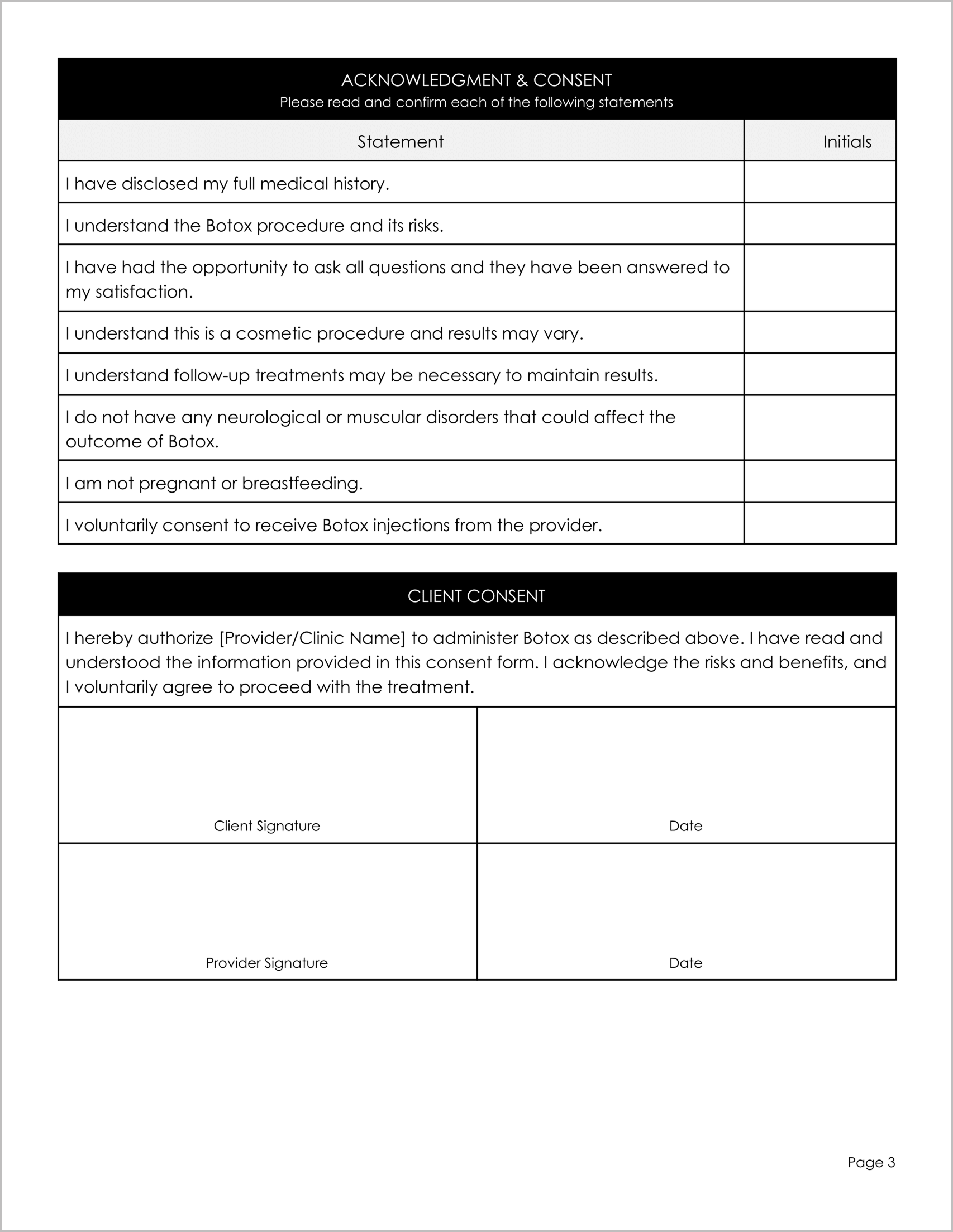 Free Consent Form Template for Botox