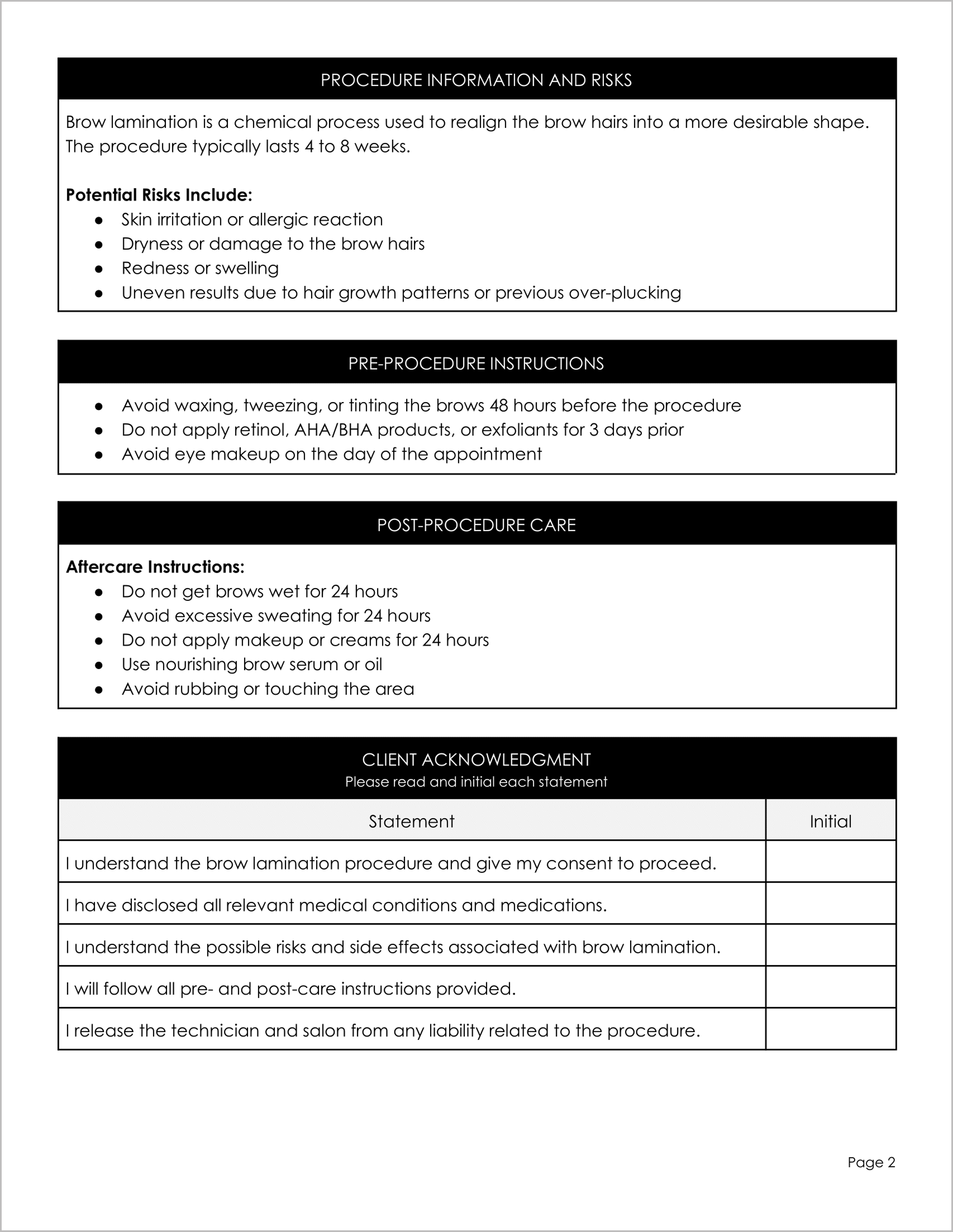 Free Brow Lamination Consent Form