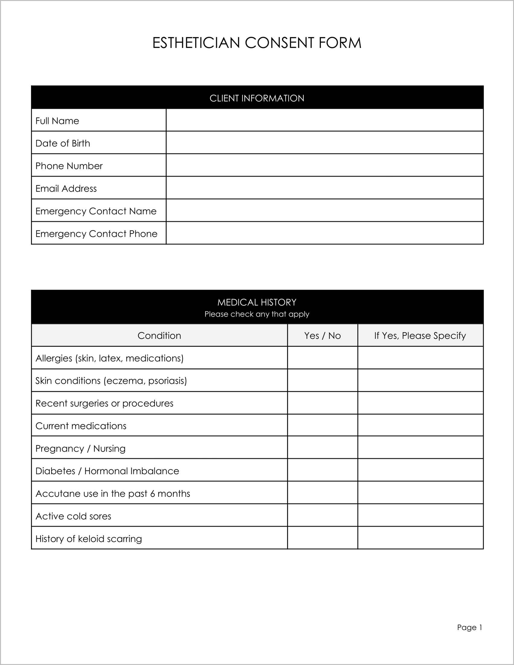 Free Esthetician Consent Form Template