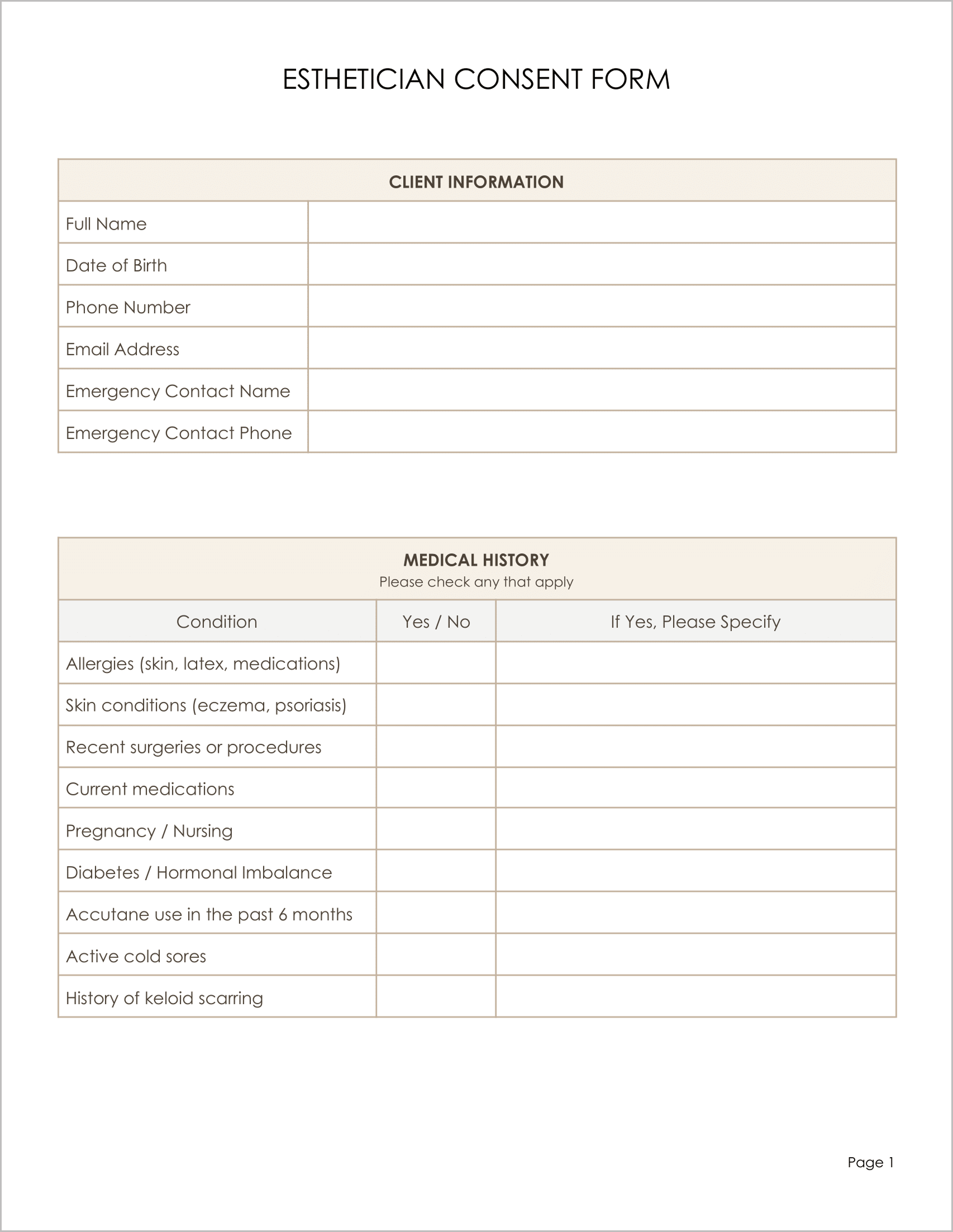 Free Esthetician Consent Form Template