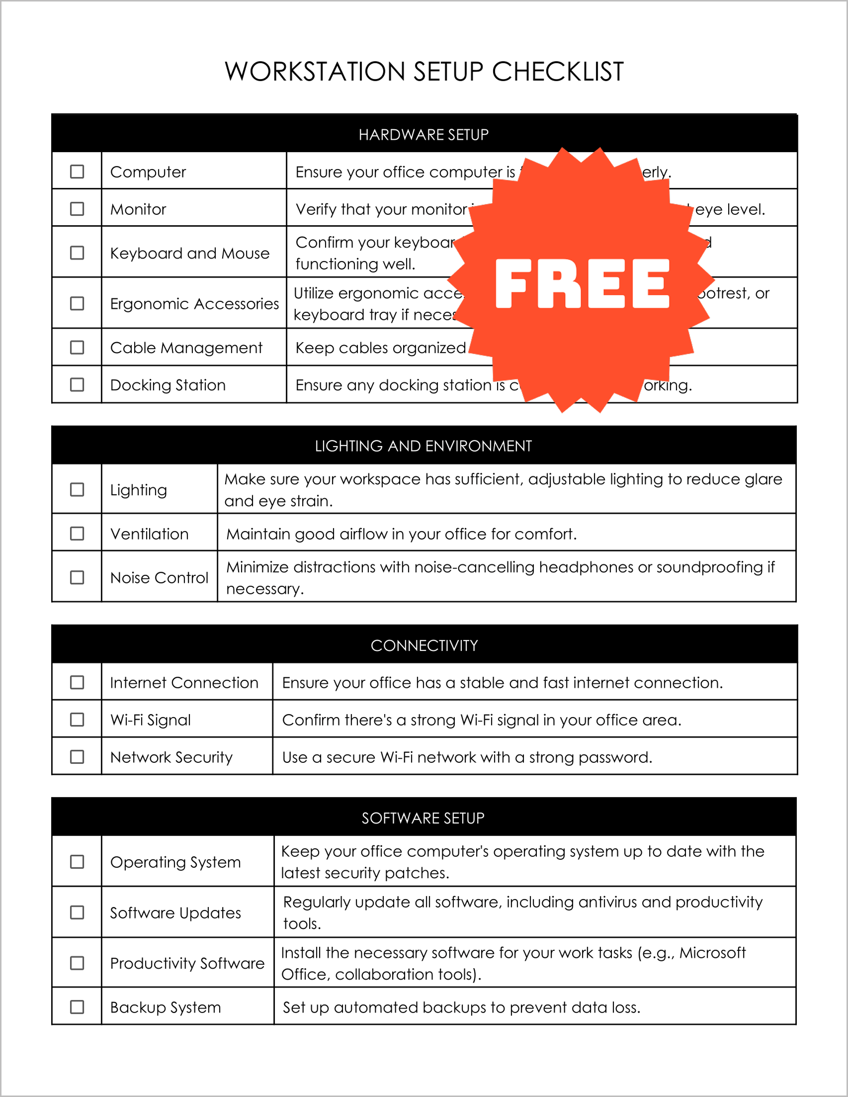 Free Workstation Setup Checklist Template (B&W) Free Workstation Setup Checklist Template (B&W)