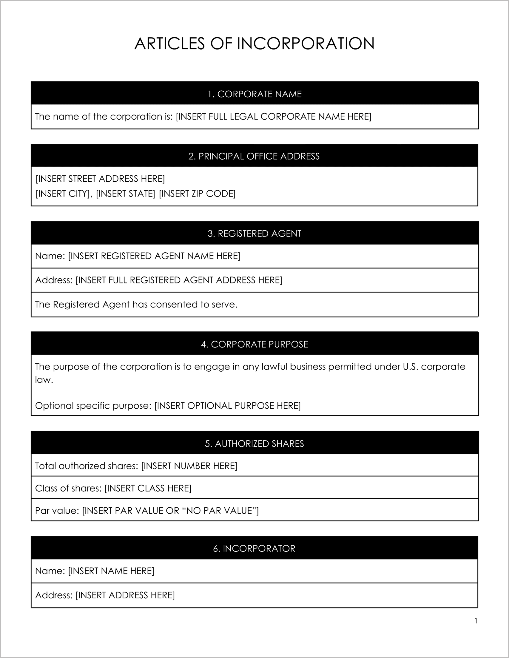 Free Articles of Incorporation Template