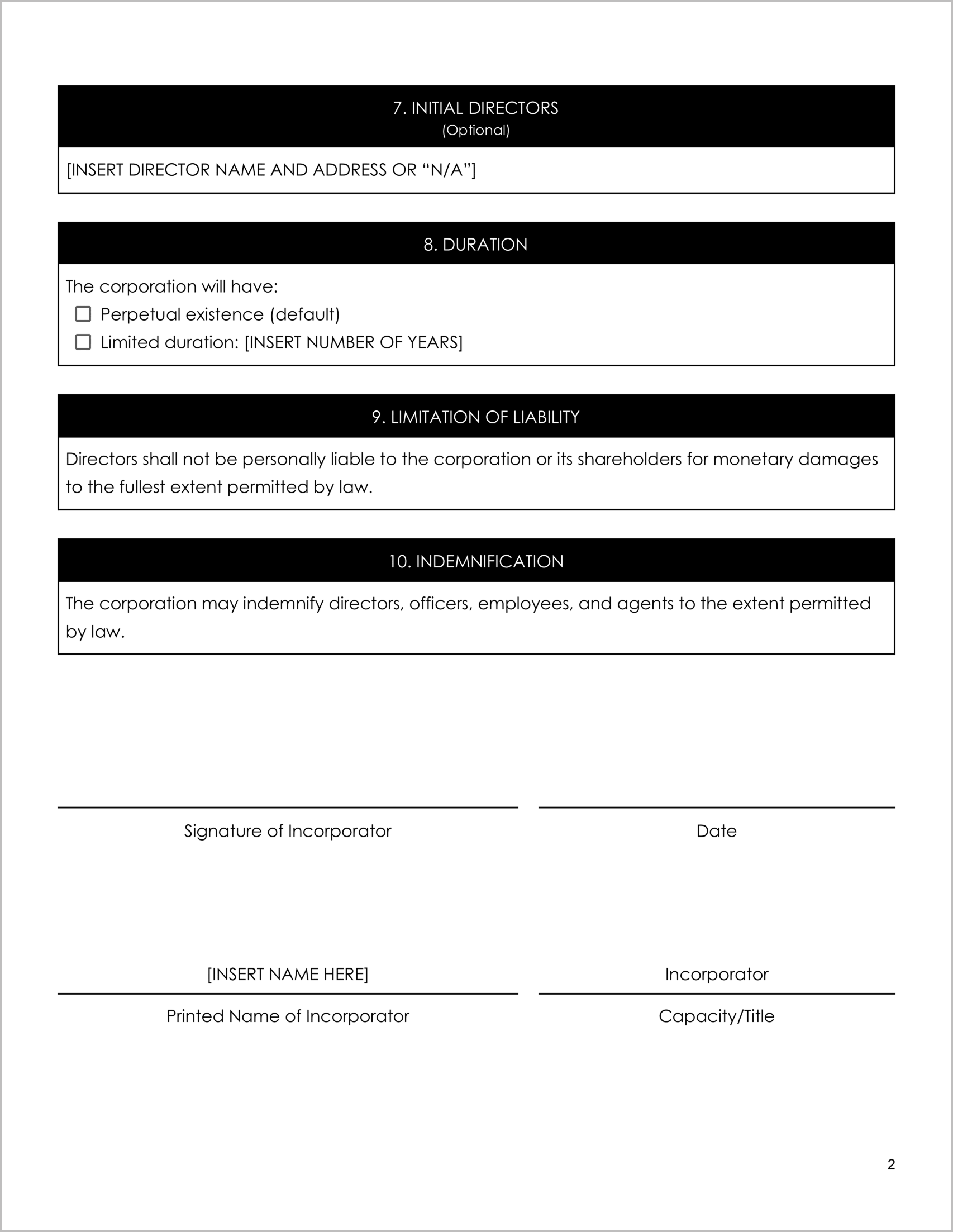 Free Articles of Incorporation Template