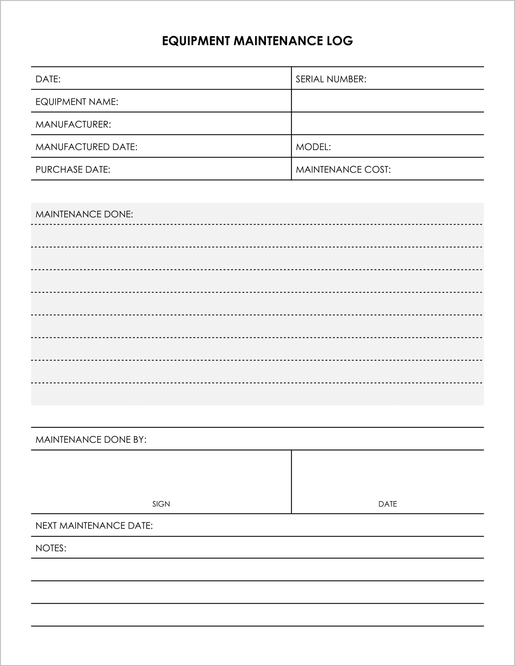5 Free Equipment Maintenance Log Templates (PDF)