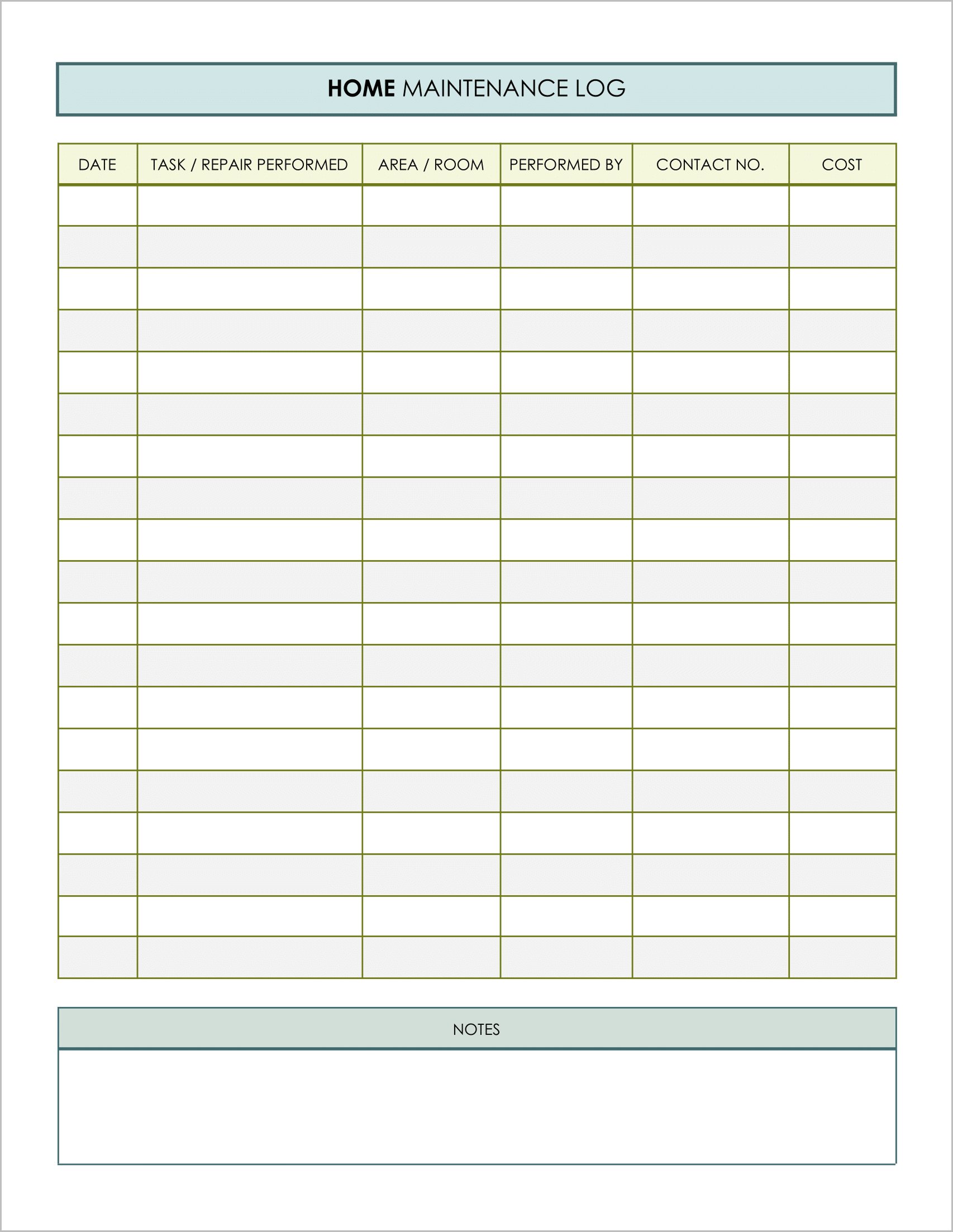 Free Home Maintenance Log Book Templates