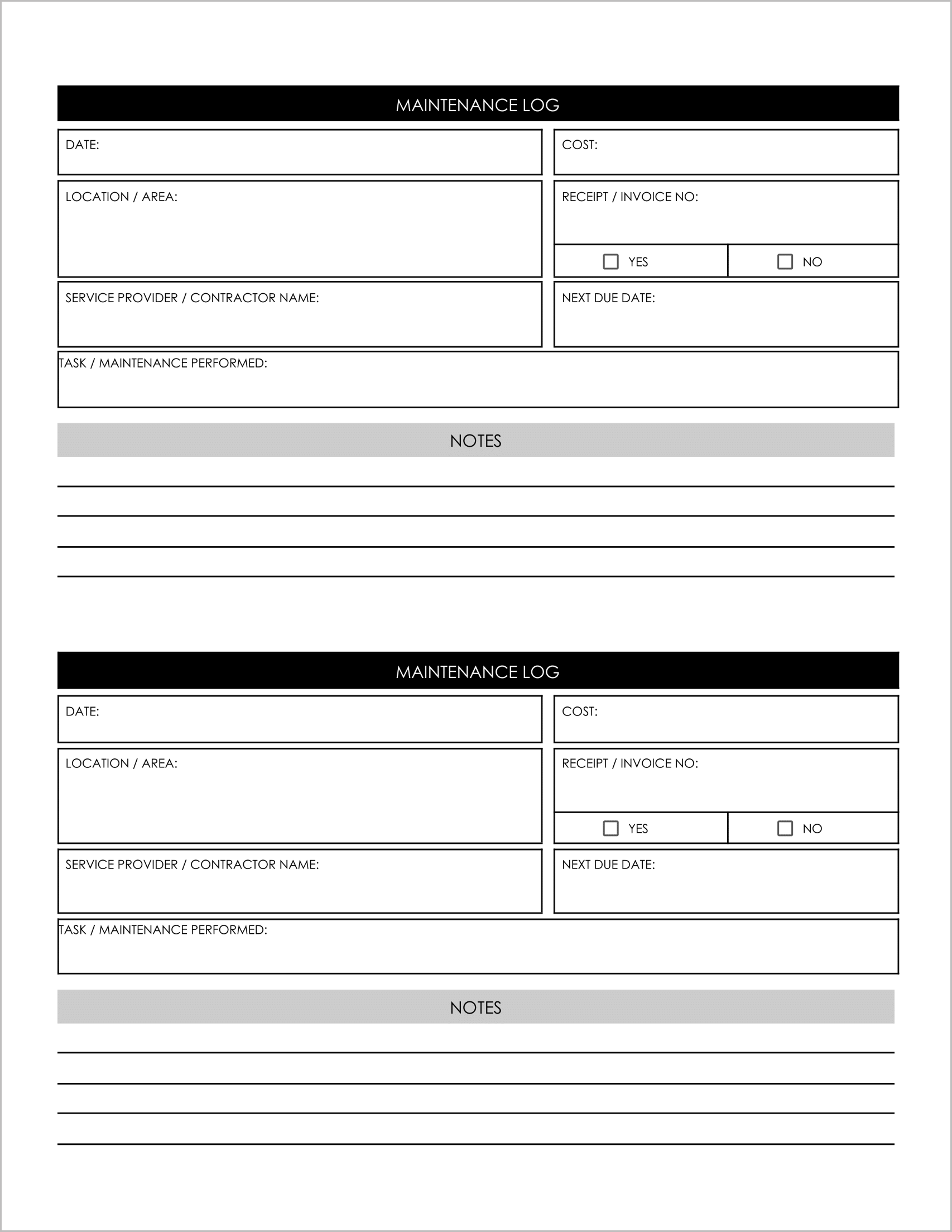 Free Home Maintenance Log Book Templates