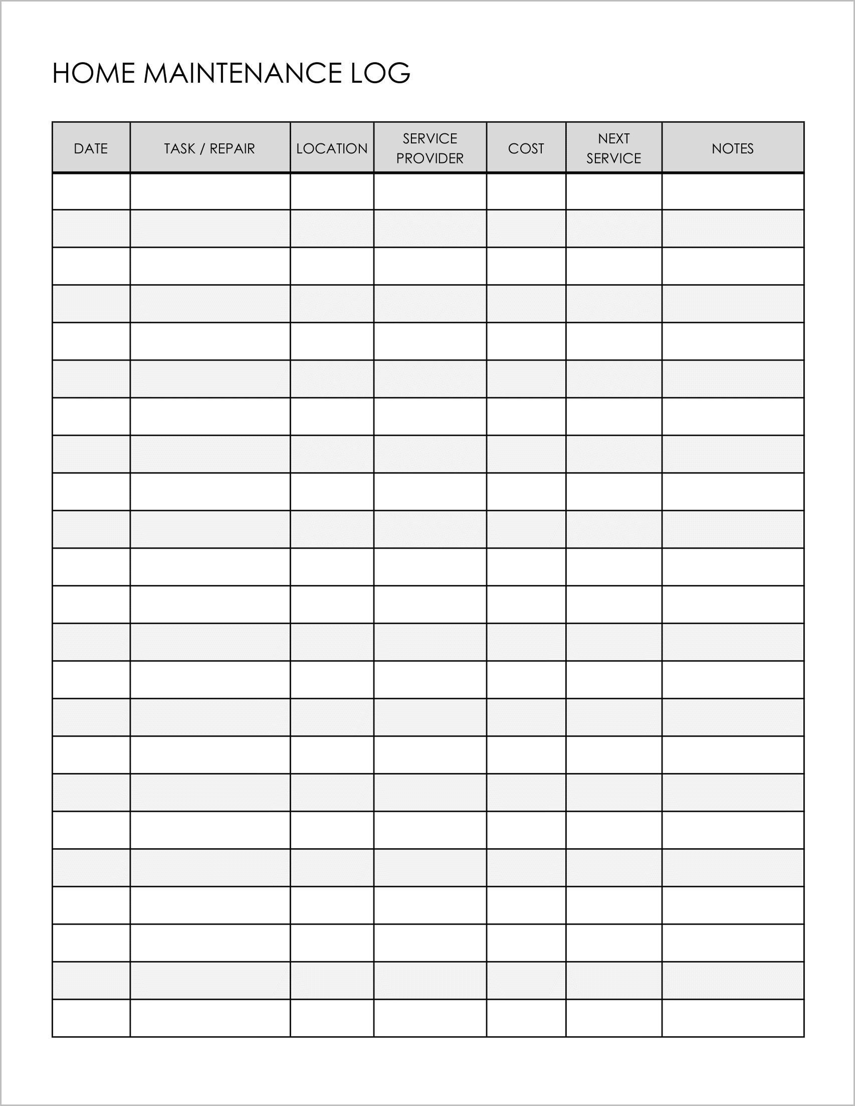 Free Home Maintenance Log Book Templates