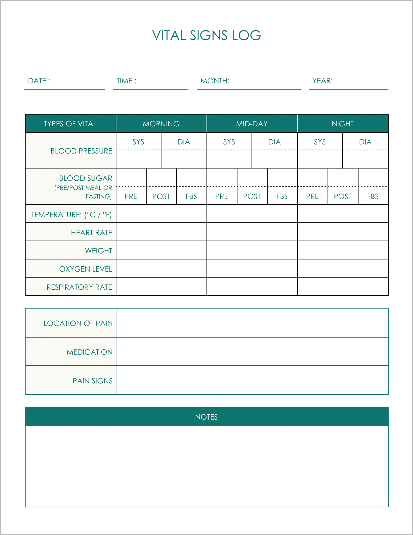 5 Free Printable Vital Signs Log Sheets