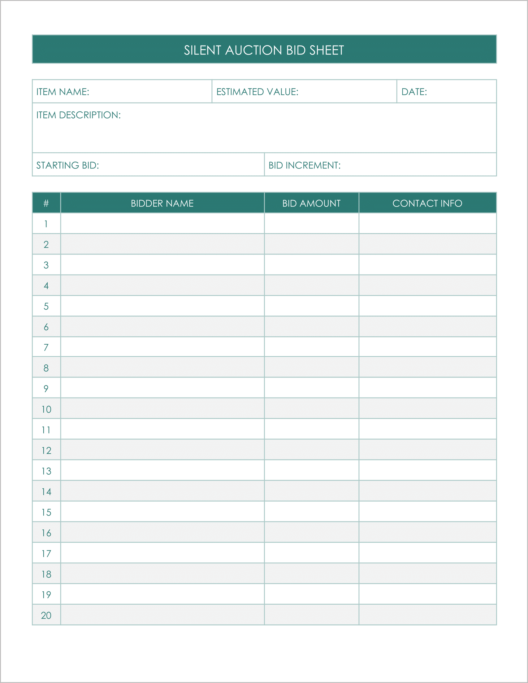 7 Free Printable Silent Auction Bid Sheets