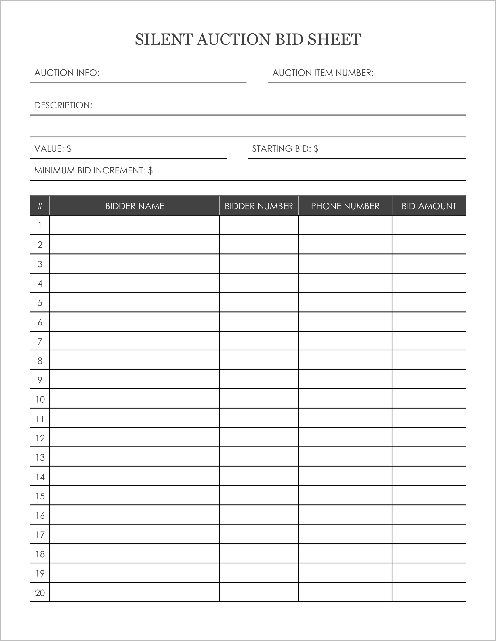 7 Free Printable Silent Auction Bid Sheets