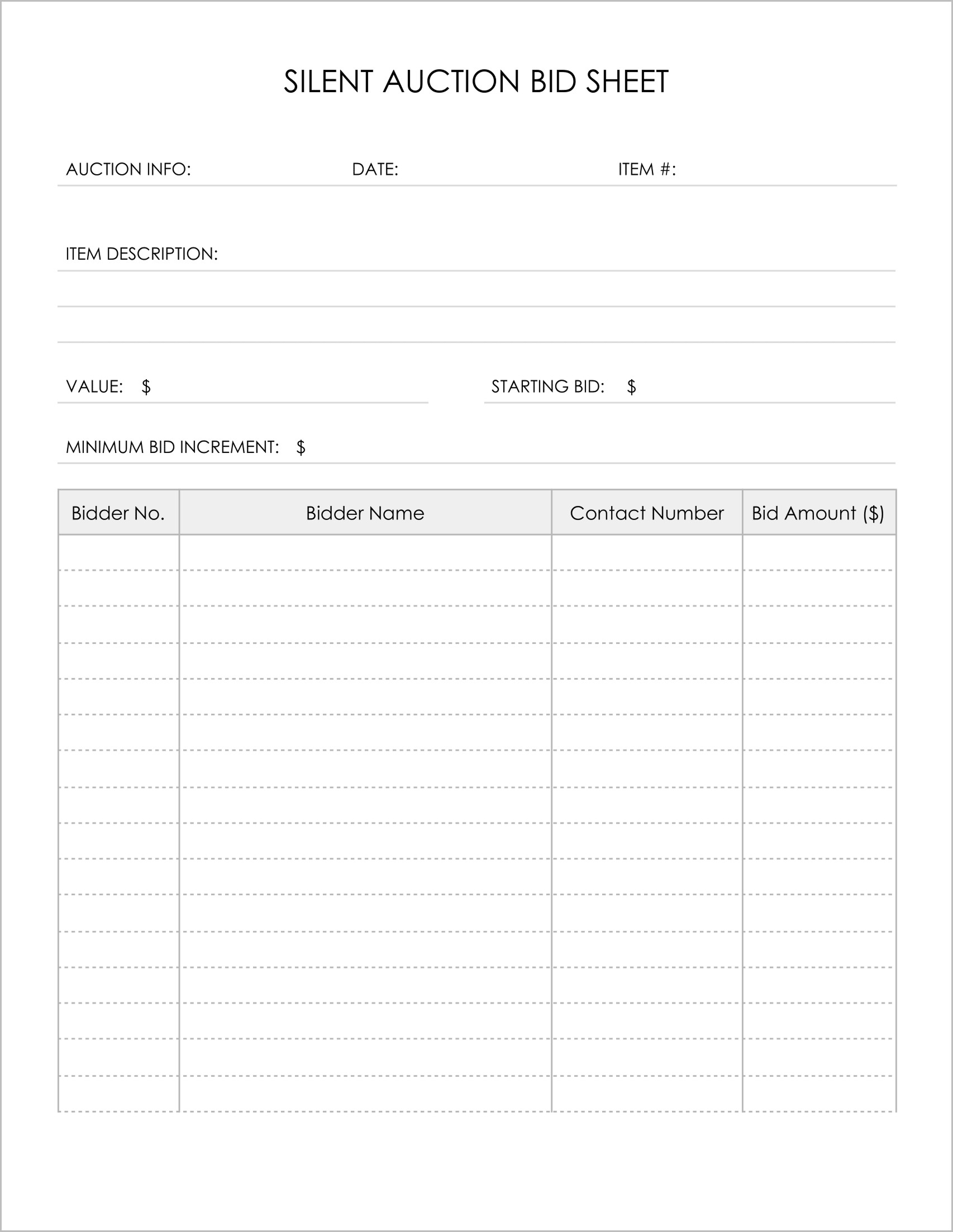 7 Free Printable Silent Auction Bid Sheets