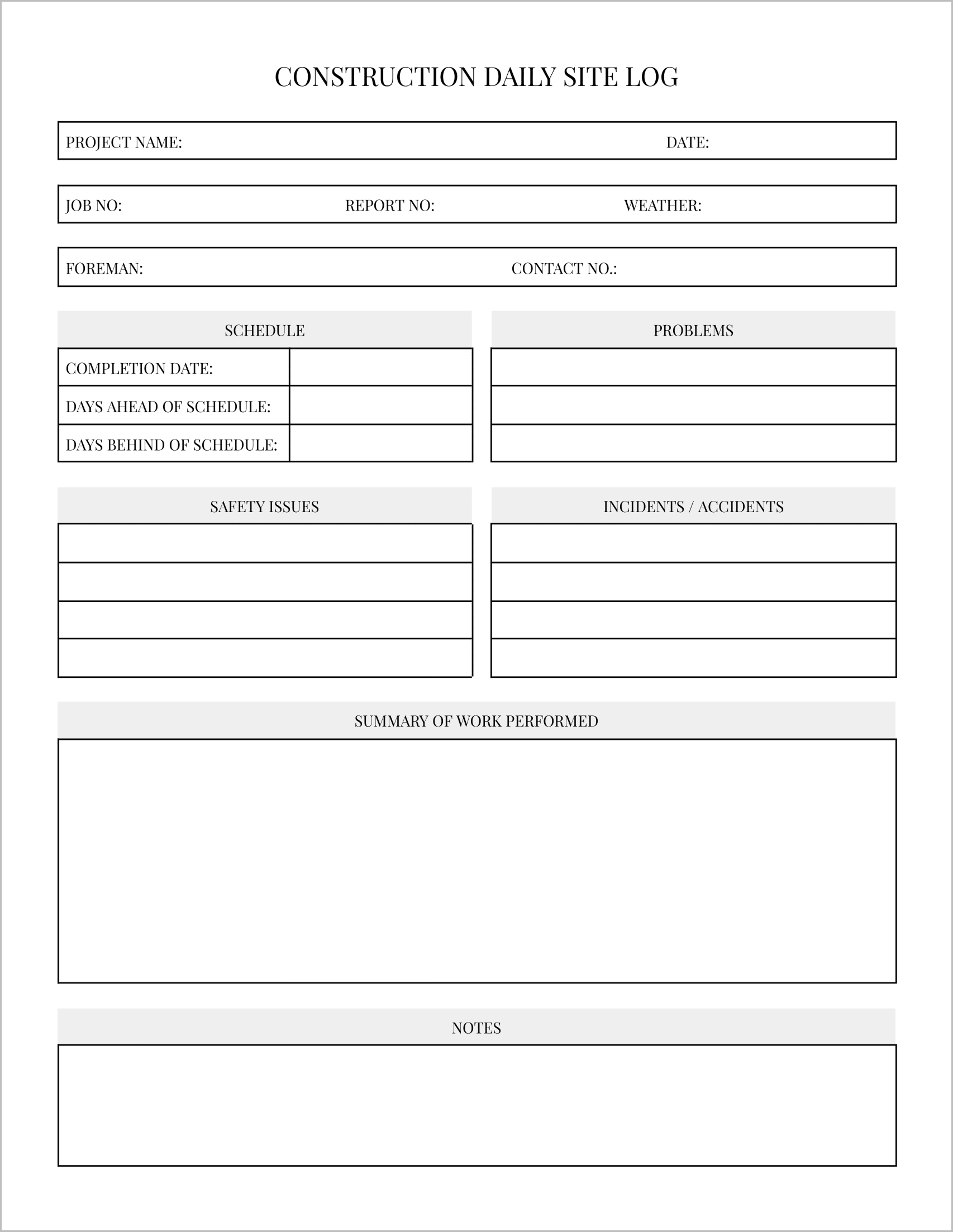 Construction Daily Site Logs