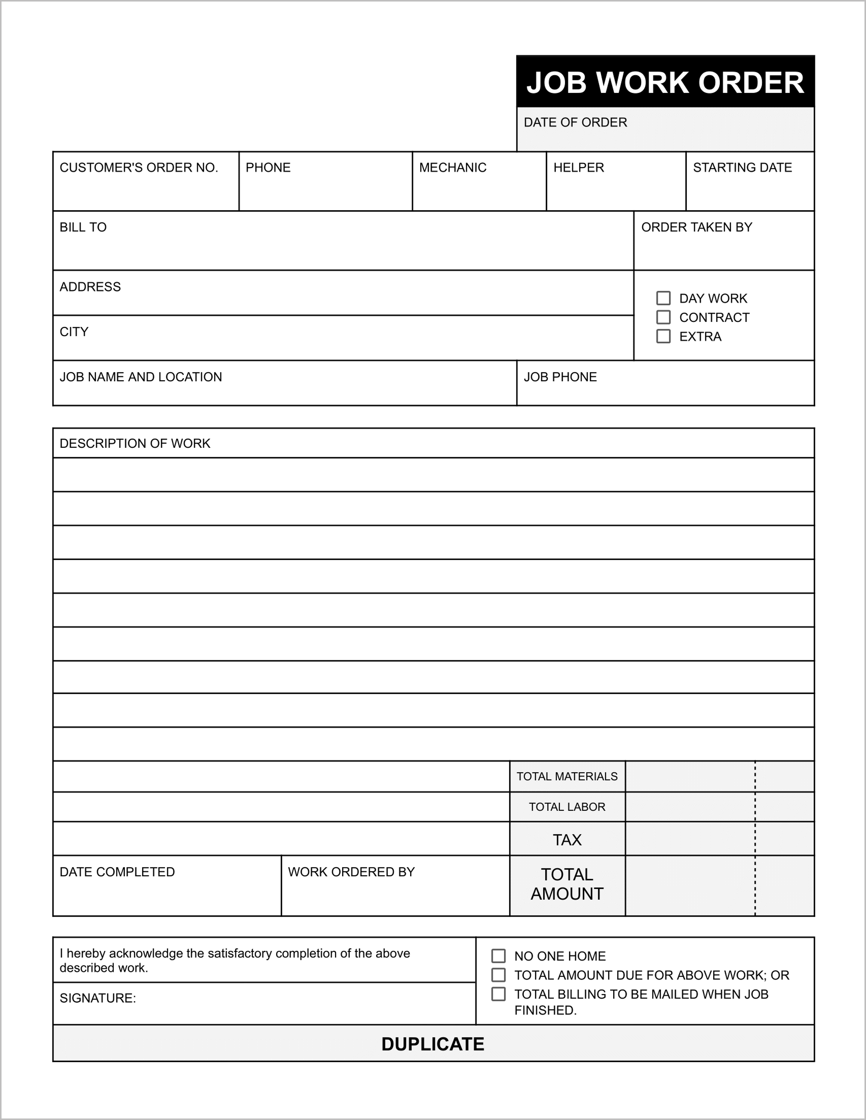 Free Job Work Order Templates