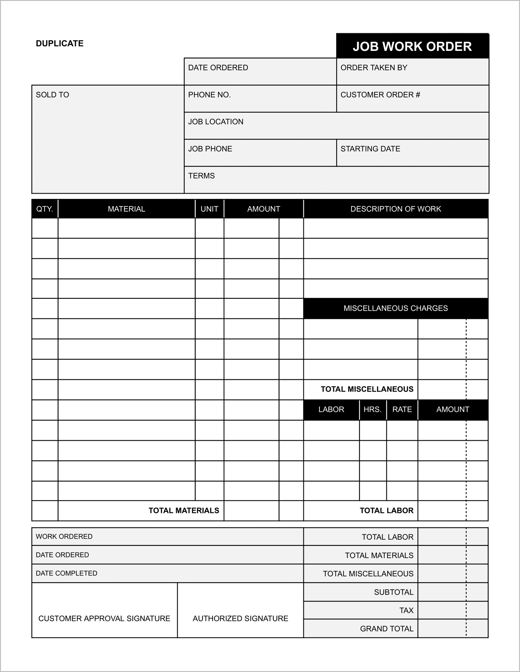 Free Job Work Order Templates