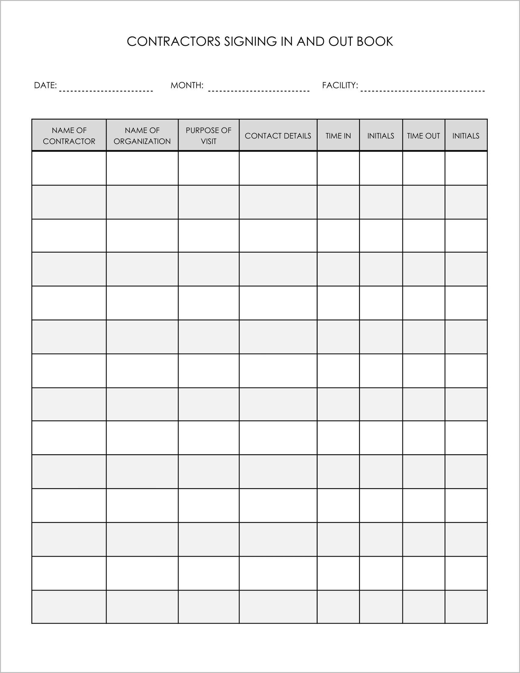 5 Free Contractors Signing In and Out Log Templates