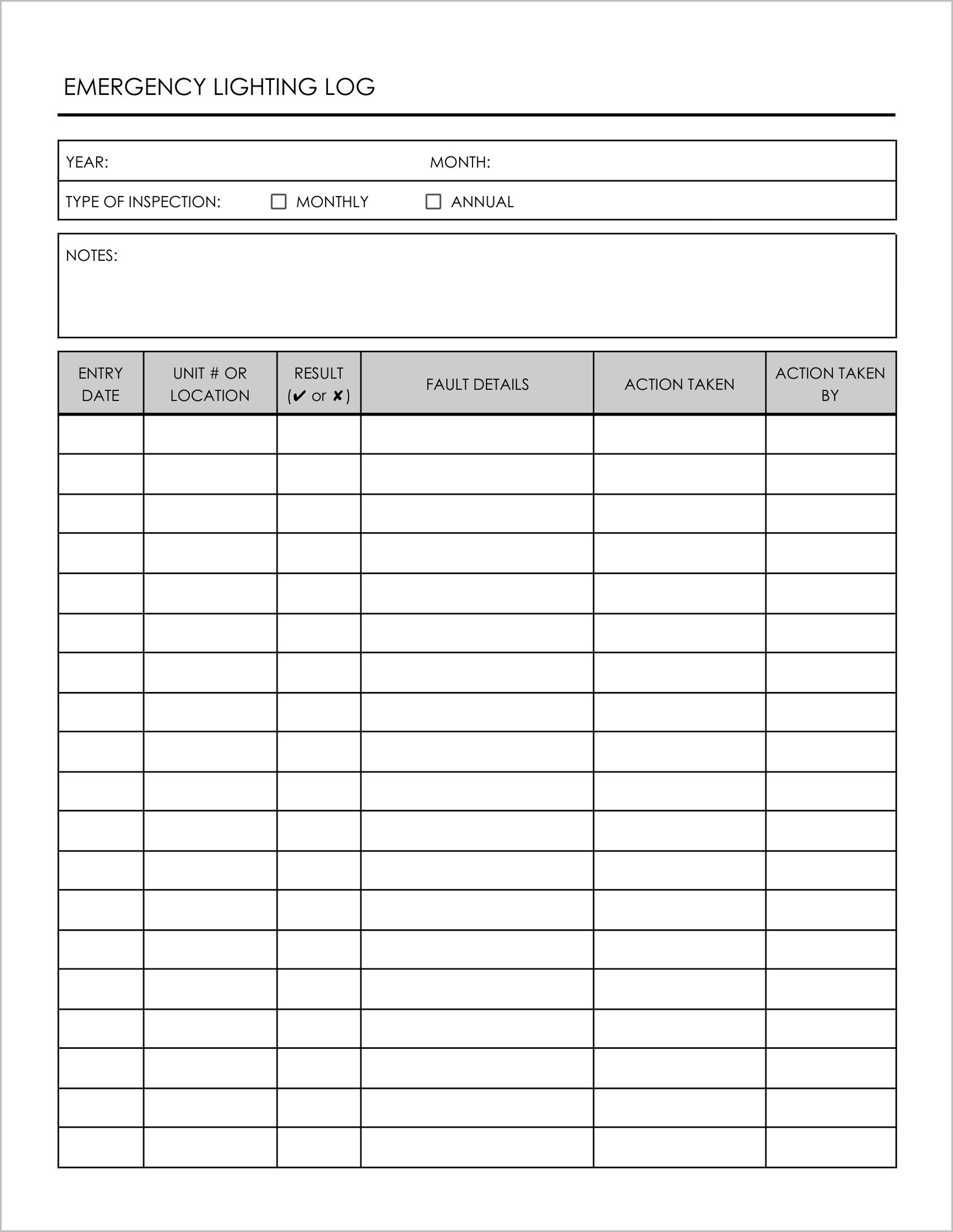 5 Free Emergency Lighting Log Templates