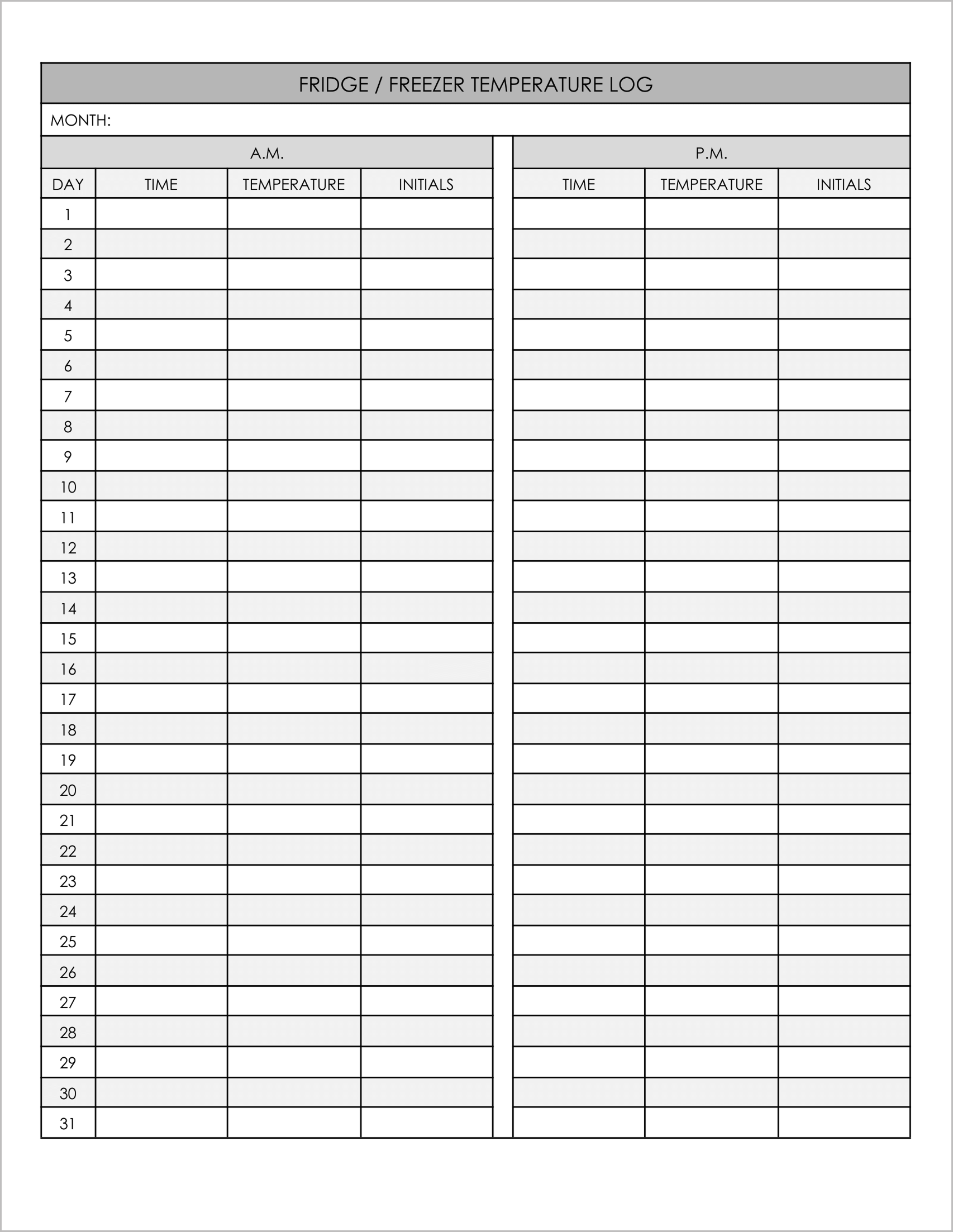 5 Free Fridge Temperature Log Templates
