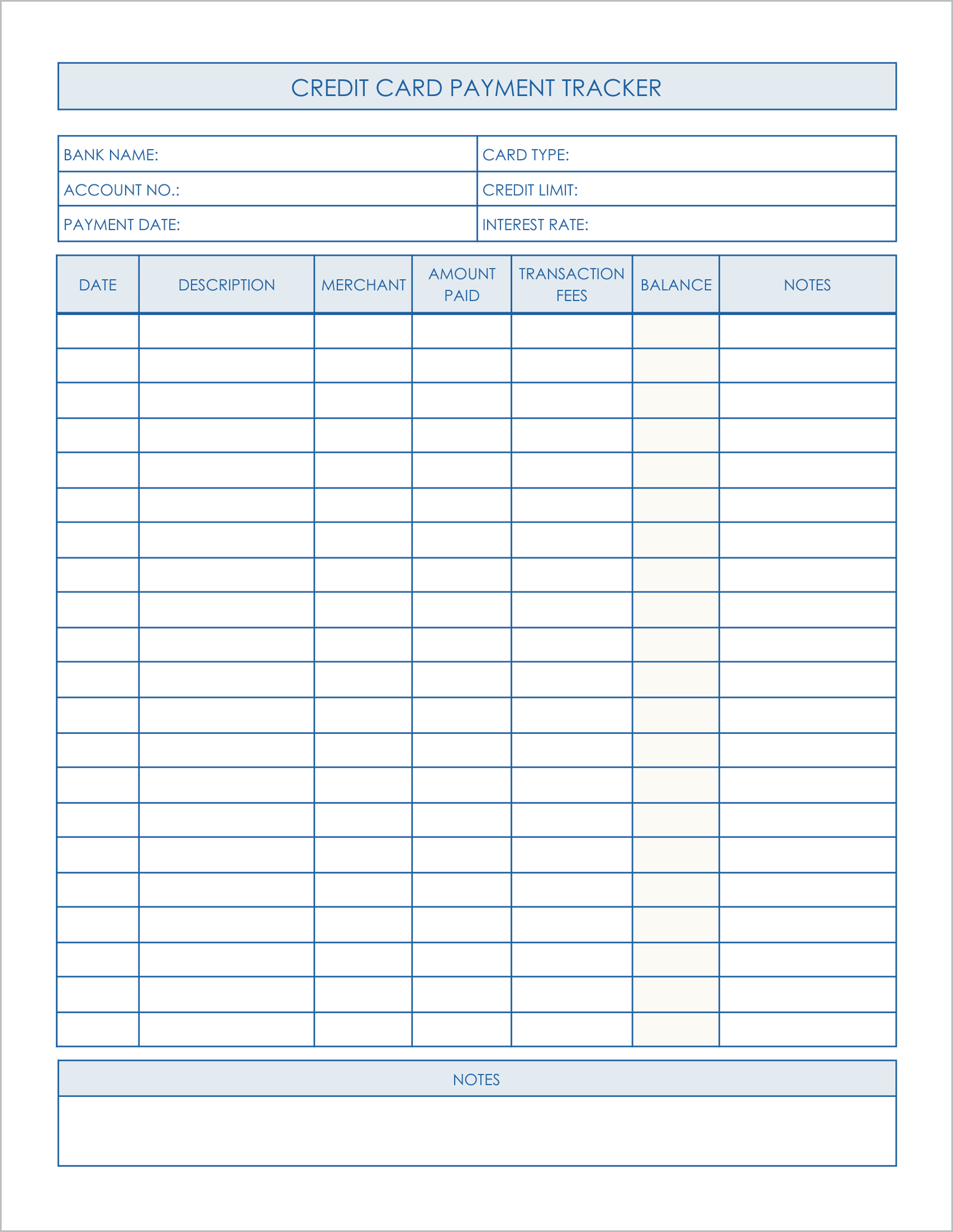 5 Free Credit Card Payment Tracker Log Templates