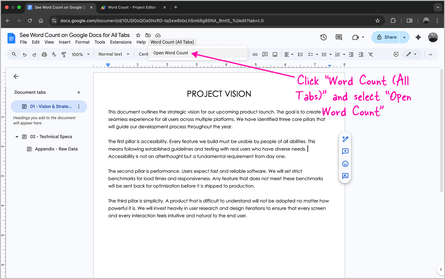 How to See Word Count on Google Docs for All Tabs