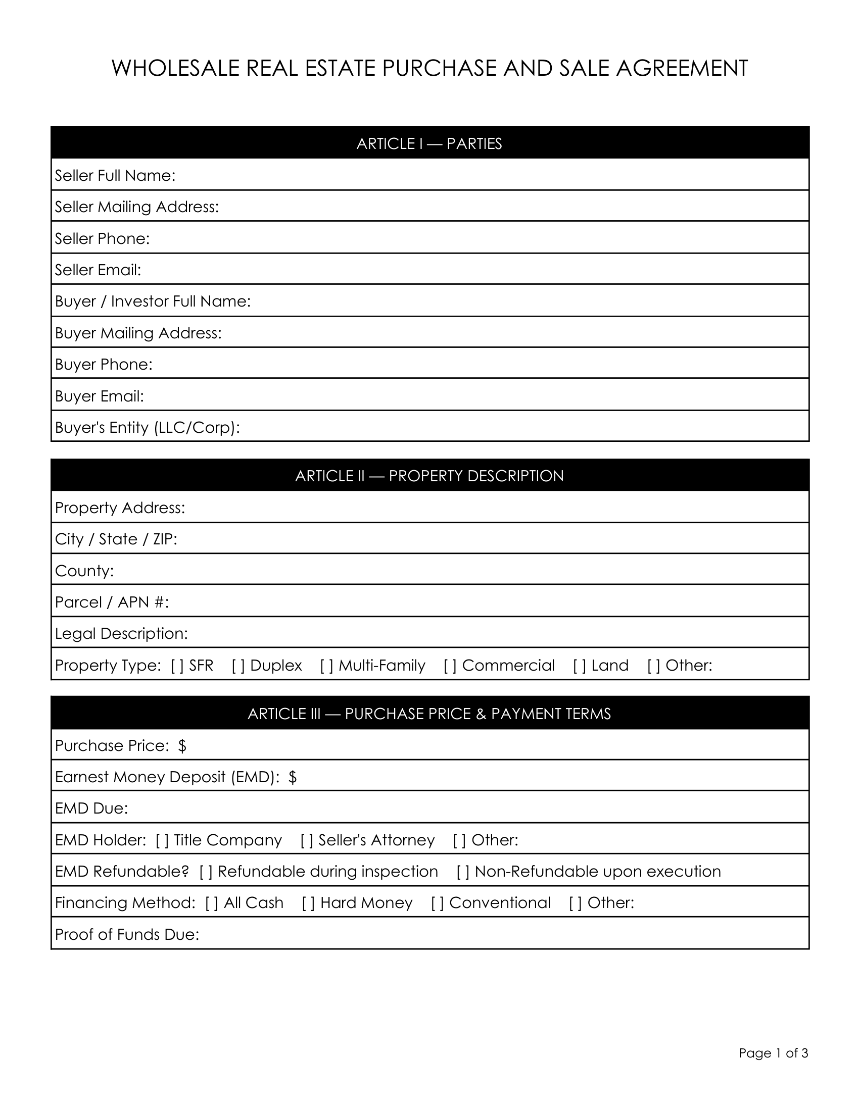 2. Comprehensive Wholesale Purchase and Sale Agreement