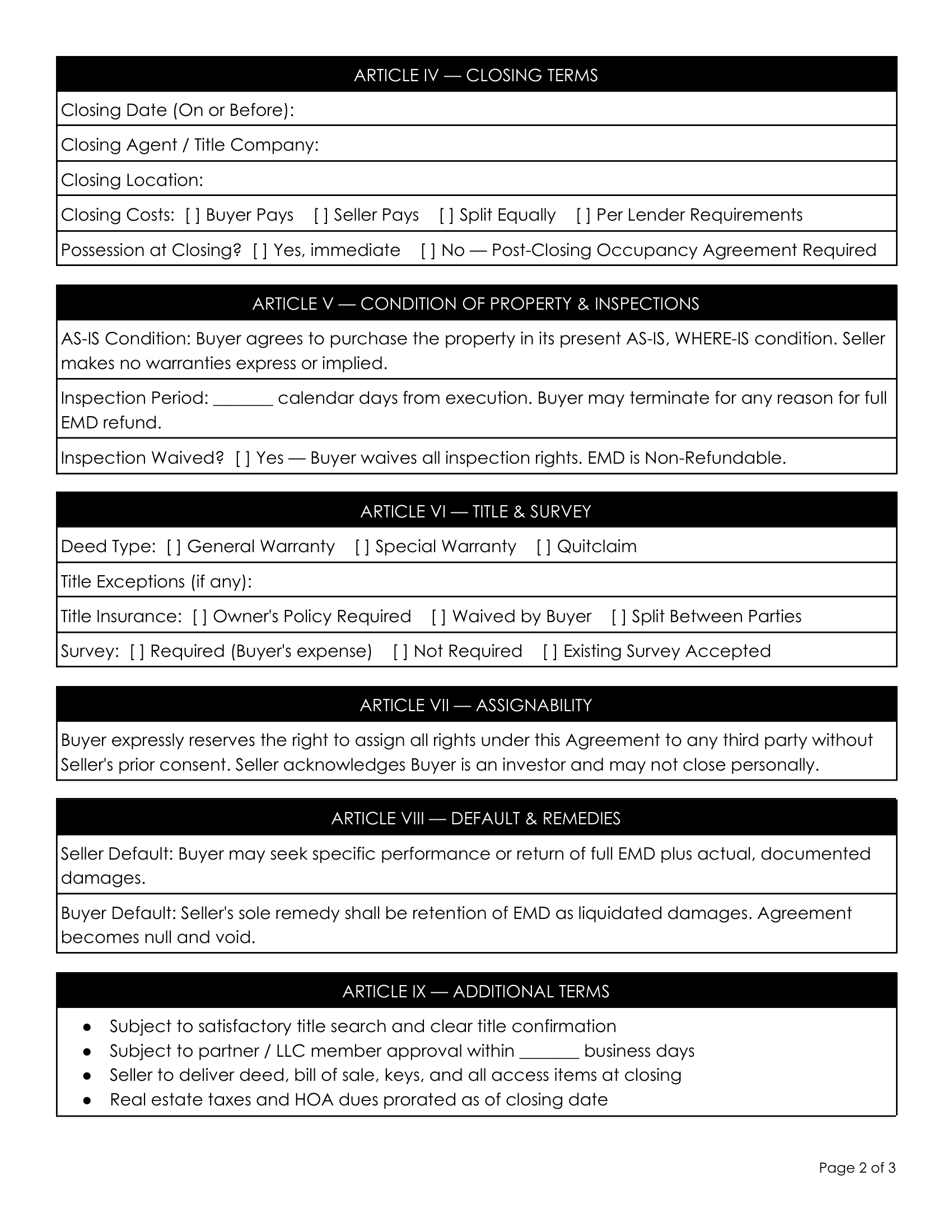 2. Comprehensive Wholesale Purchase and Sale Agreement