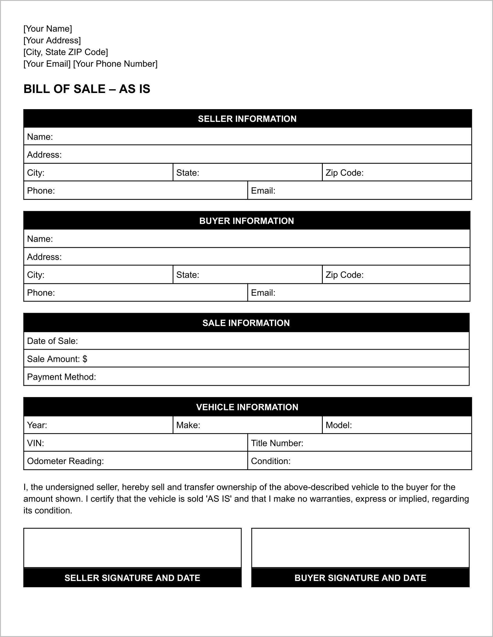 Bill of Sale – As Is (Simple Version)