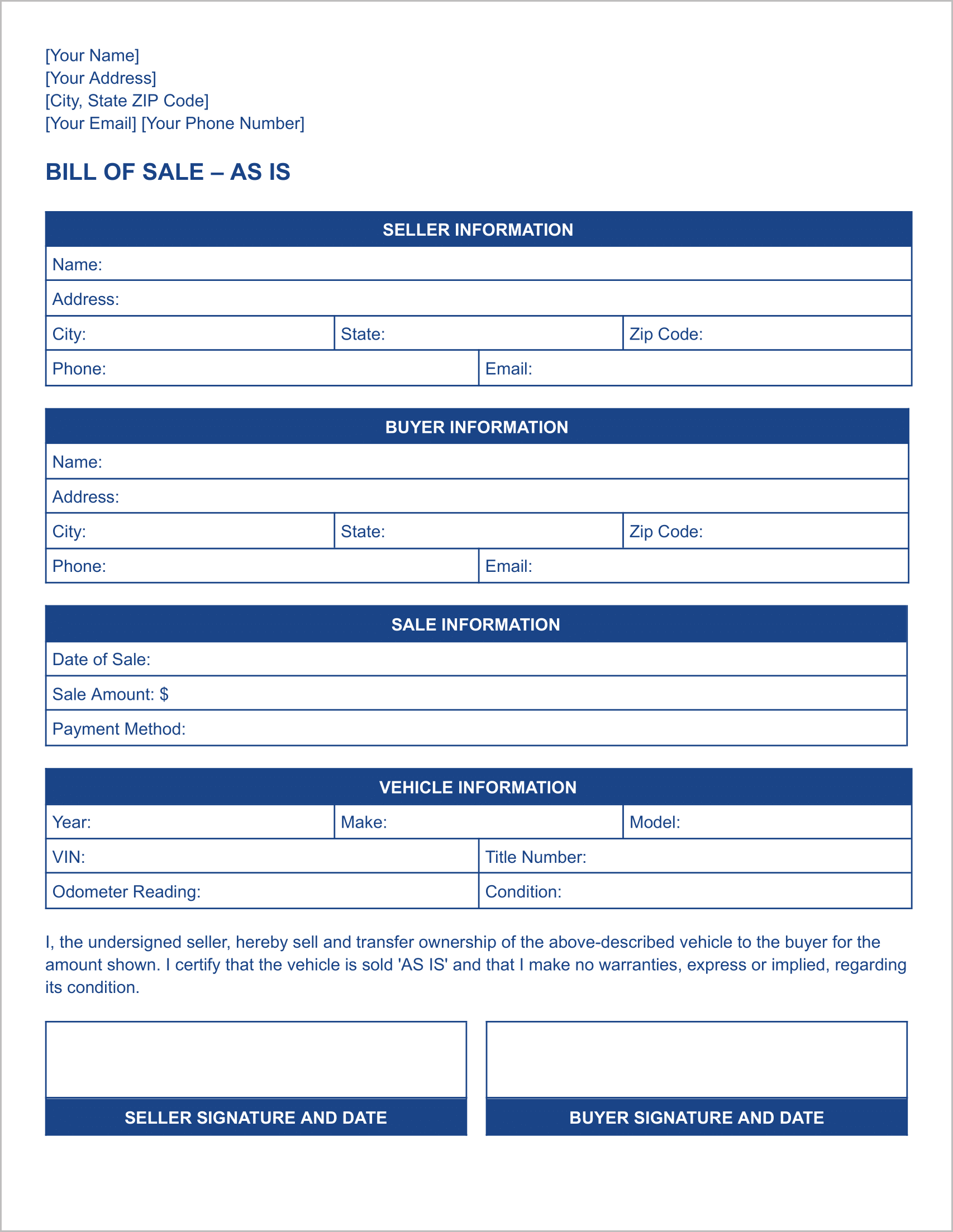 Bill of Sale – As Is (Color Version)