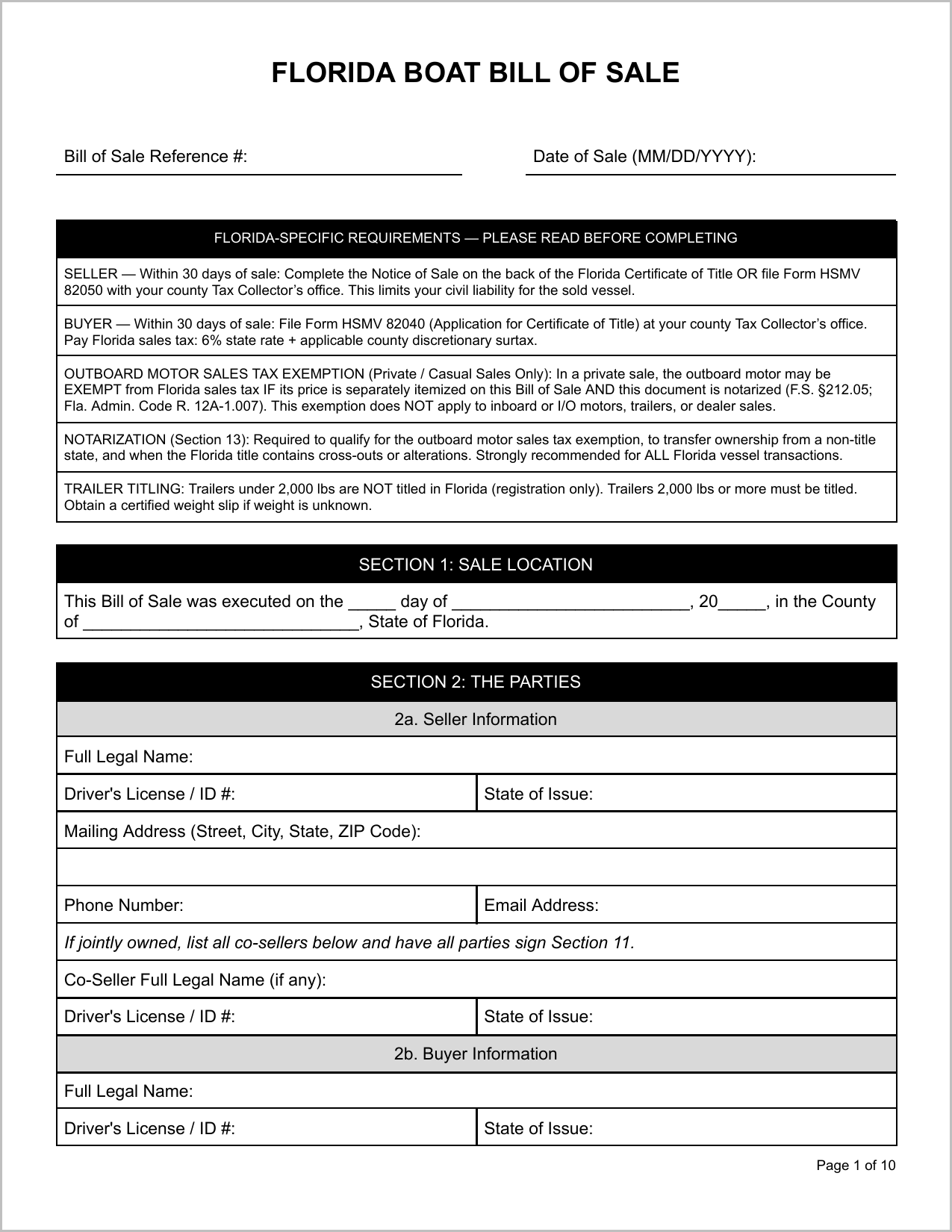 Free Florida Boat Bill of Sale Template