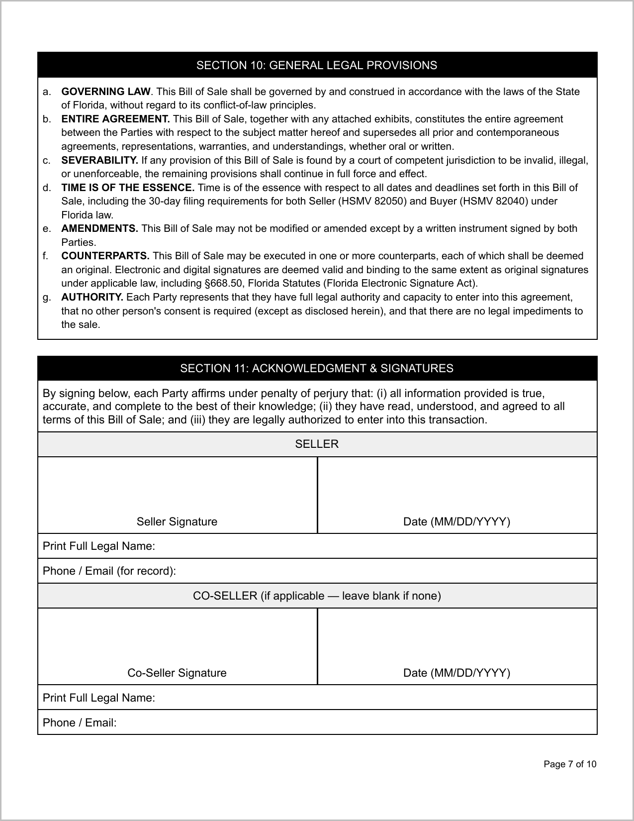 Free Florida Boat Bill of Sale Template